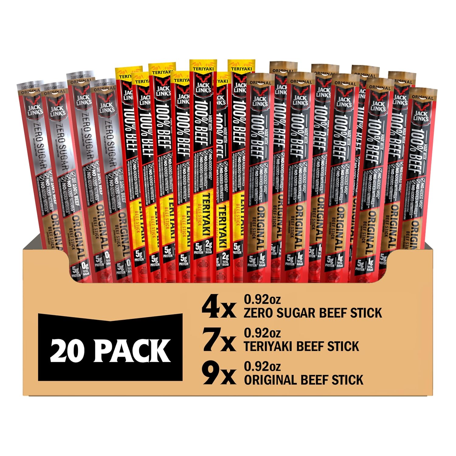 Jack Link's Original Beef Jerky Sticks - Made with 100% Real Beef - Ready to Eat Real Meat Protein Snacks - 6g Protein per Serving - 0.92 oz Meat Stick, 20 Count