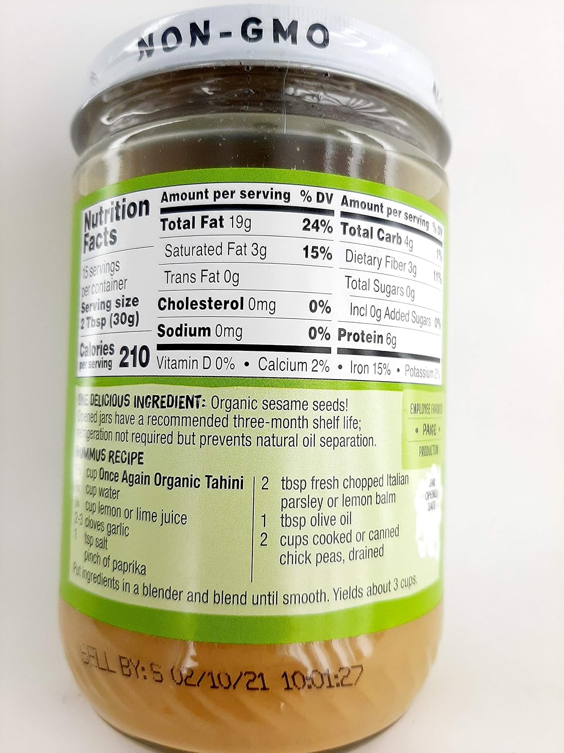 Once Again Natural Sesame Tahini - Salt Free, Unsweetened - 16 oz Jar, Packaging May Vary