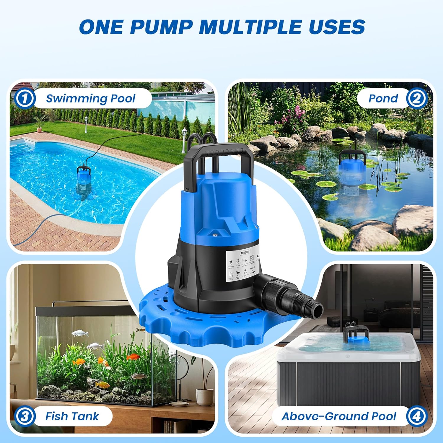 1 HP Automatic Swimming Pool Cover Pump, 5000 GPH Submersible Pumps with 3/4” Check Valve Adapter & 25ft Power Cord, Water Removal for Pool
