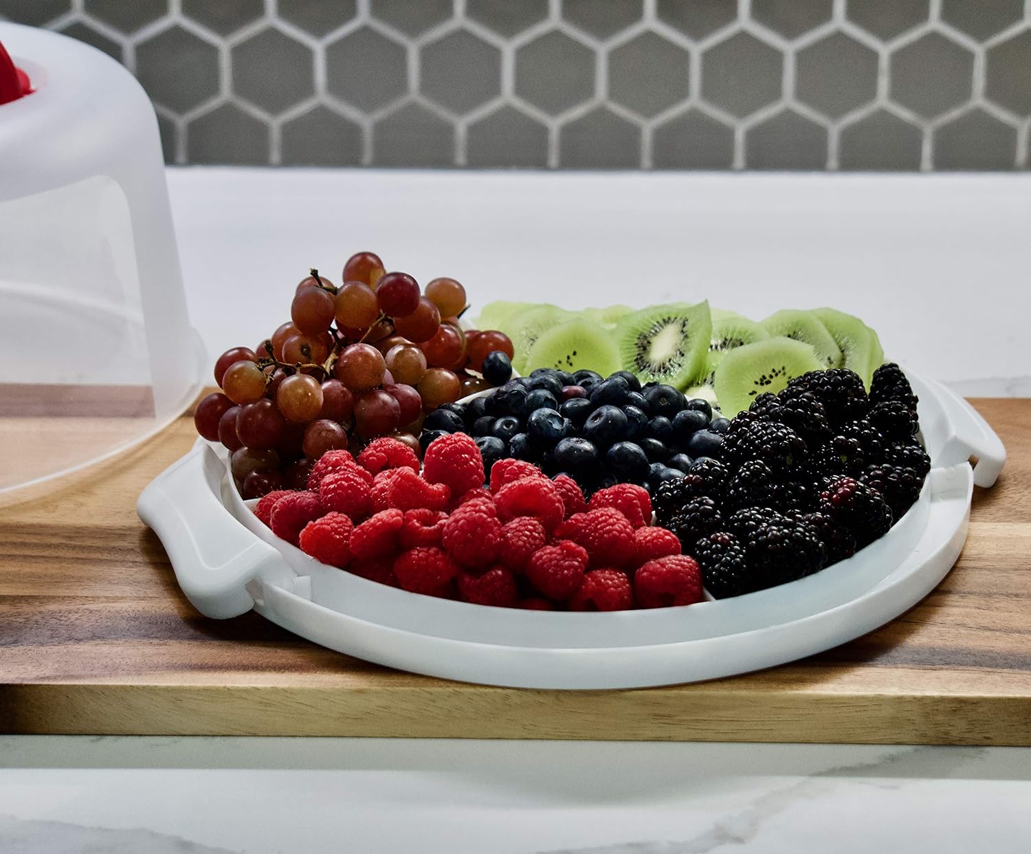 Top Shelf Elements Round Cake Carrier Two Sided Cake Holder Serves as Five Section Serving Tray, Portable Cake Stand Fits 10 inch Cake