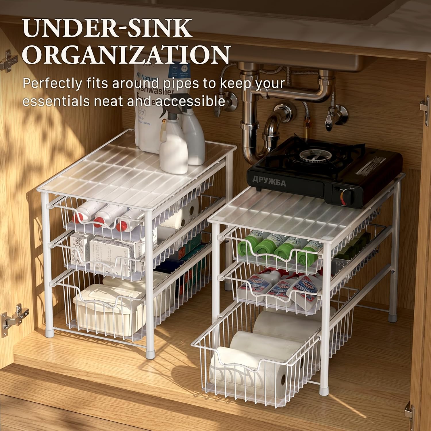 Simple Houseware Stackable 3 Tier Sliding Basket Organizer Drawer, Chrome