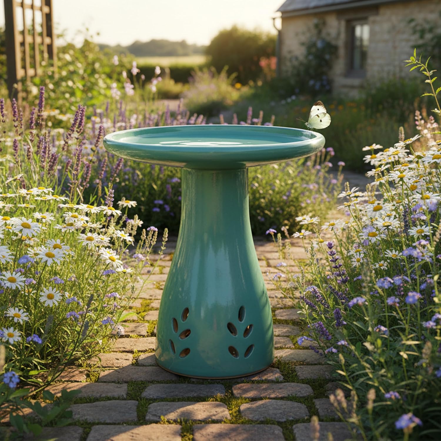 Sunnydaze Hand-Painted Ceramic Outdoor Bird Bath for Garden, 21” H, Seafoam