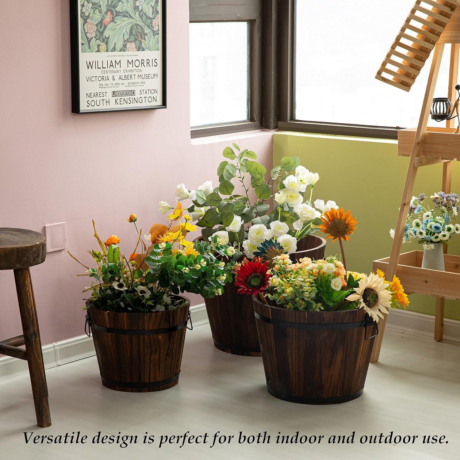 Rustic Wooden Whiskey Barrel Planter with Durable Medal Handles and Drainage Hole - Perfect for Indoor and Outdoor Plants, Herbs, and Vegetables - Medium