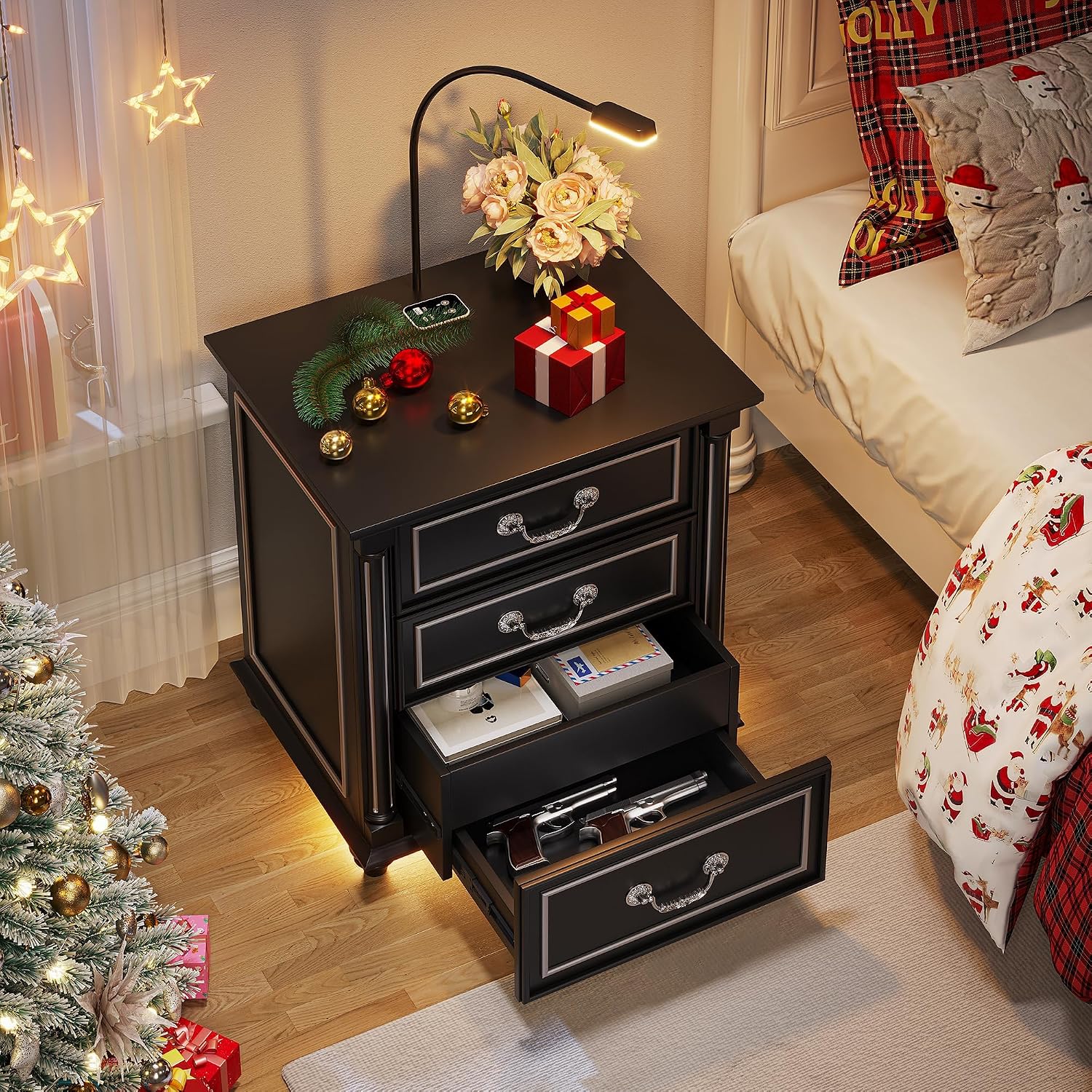 Dystler Nightstand with Gun Drawer and Charging Station | Night Stand with LED Light