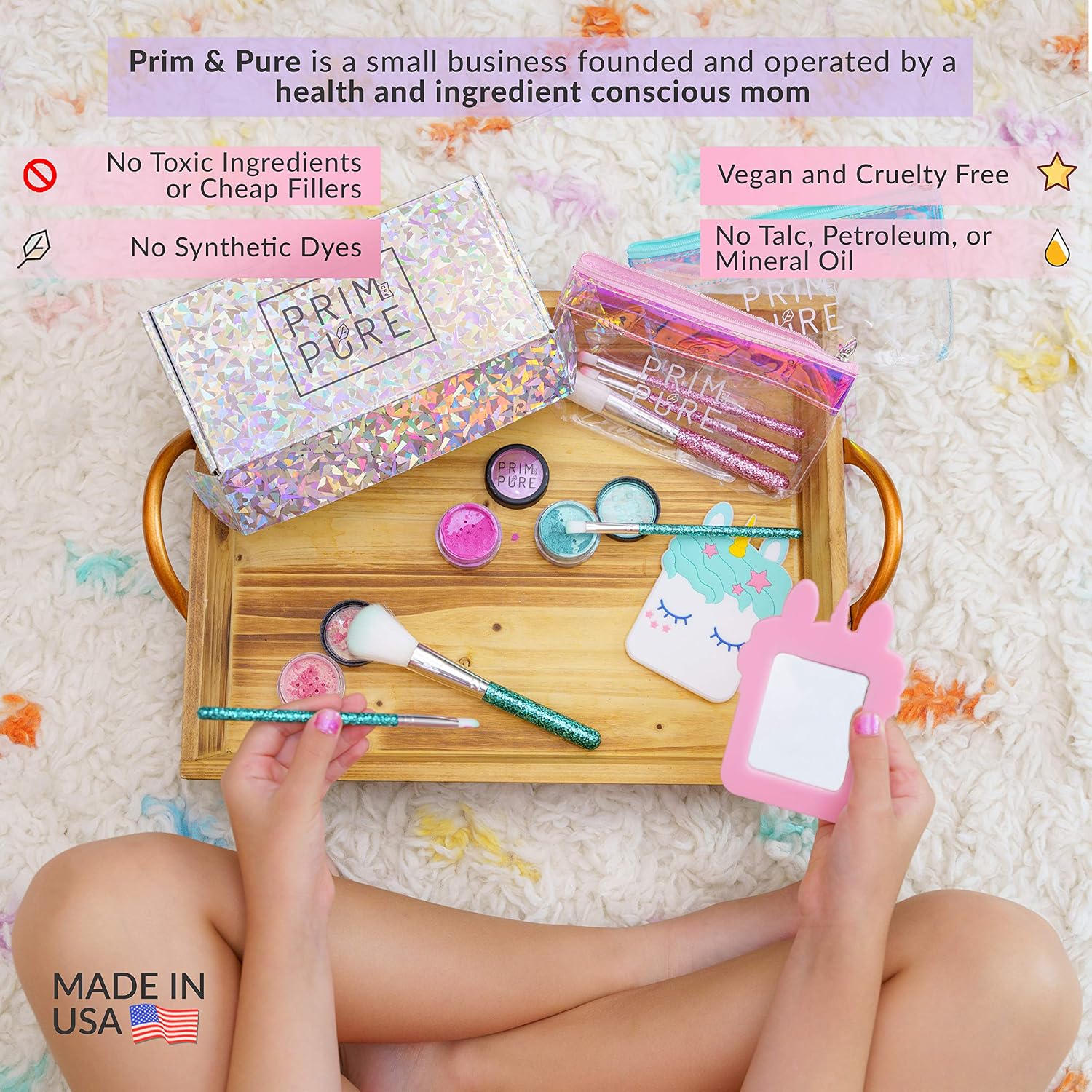Prim and Pure Mineral Gift Set with Unicorn Mirror| Perfect for Play Dates & Birthday Parties | Kids Eyeshadow Makeup – Mineral | Organic &