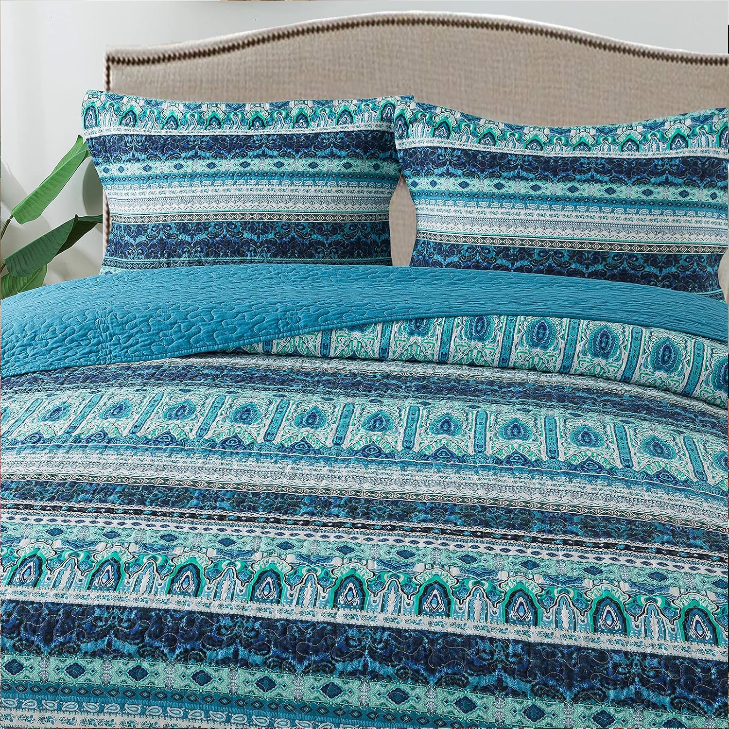 Striped Jacquard Style Cotton 3-Piece Patchwork Bedspread Quilt Sets, Queen Size