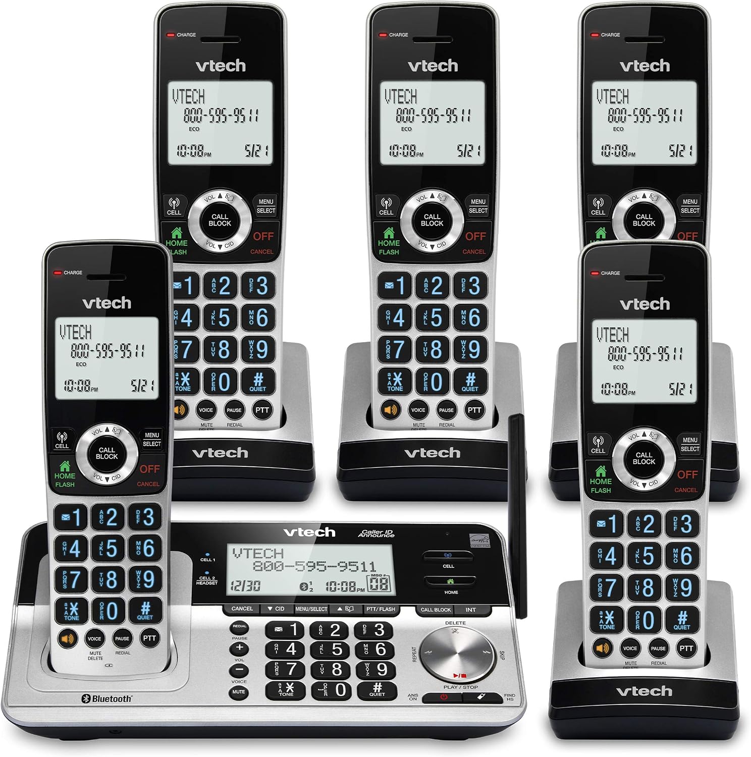 VTech VS113-5 Extended Range 5 Handset Cordless Phone for Home with Call Blocking, Connect to Cell Bluetooth, 2" Backlit Screen, Big Buttons