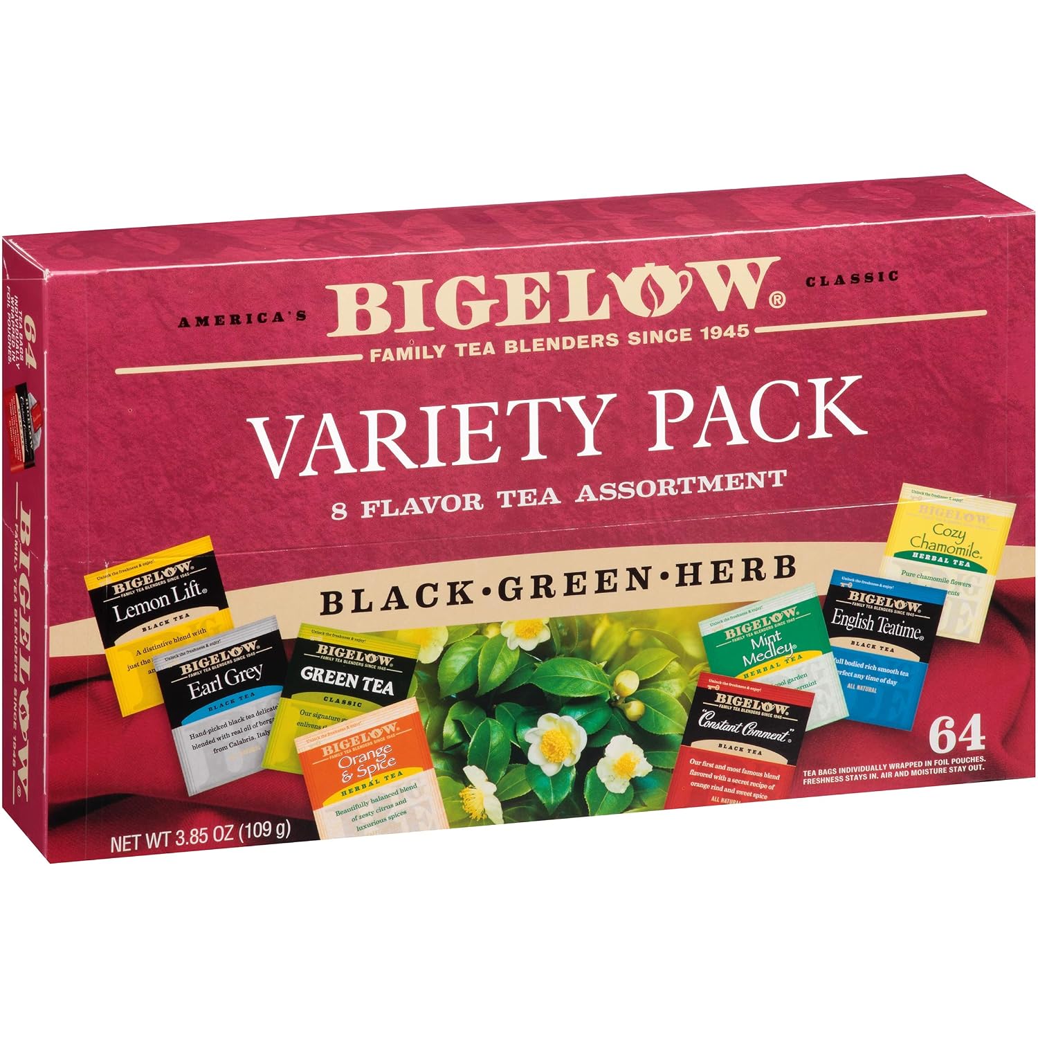 Bigelow Tea Green Tea Assortment, 64 Count (Pack of 1) | Individually Wrapped Tea Bags with Classic, Decaffeinated, Mint, Peach, Constant Comment, Lemon, Mango, and Earl Grey Teas