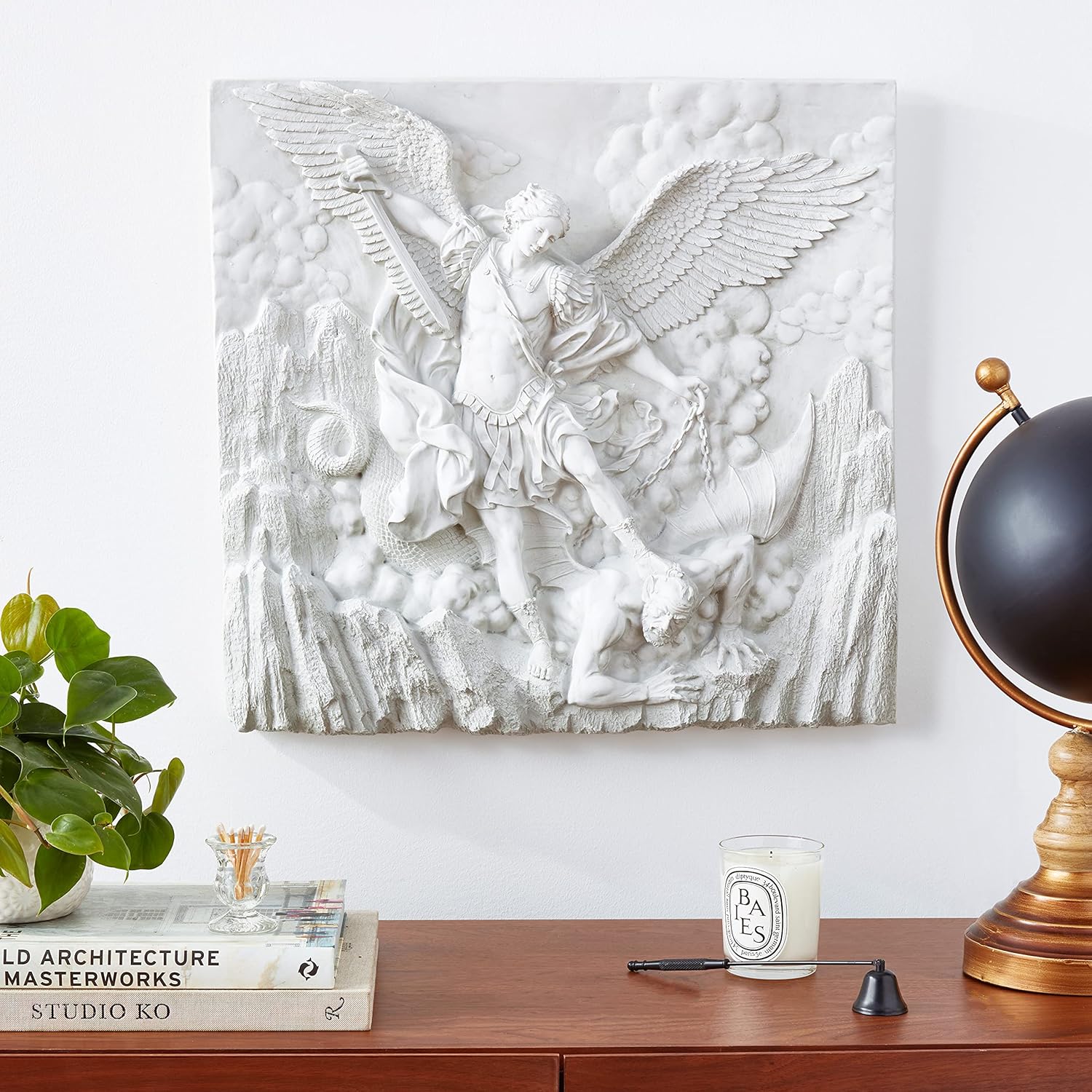 Design Toscano Michael the Archangel Slaying Demon Indoor/Outdoor Wall Frieze Sculpture, 22 inches wide, Cast Stone Resin, Antique Stone Finish