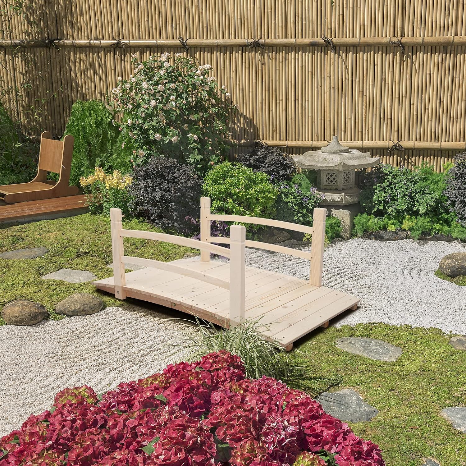 VINGLI 5 ft Garden Bridge, Classic Wooden Arch with Safety Rails Stained Finished Footbridge, Decorative Pond Landscaping, Backyard, Creek or Farm