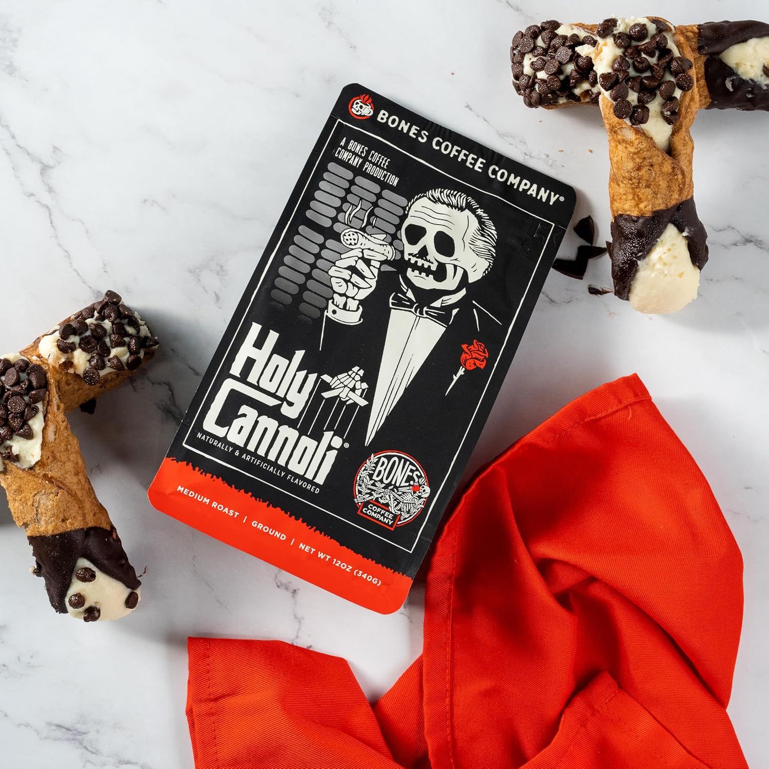 Bones Coffee Company Highland Grog, Butterscotch Caramel Flavored Coffee, Medium Roast Low Acid Arabica Beans Compatible with Auto drip and French Press Coffee Maker, 12 Oz Whole Bean