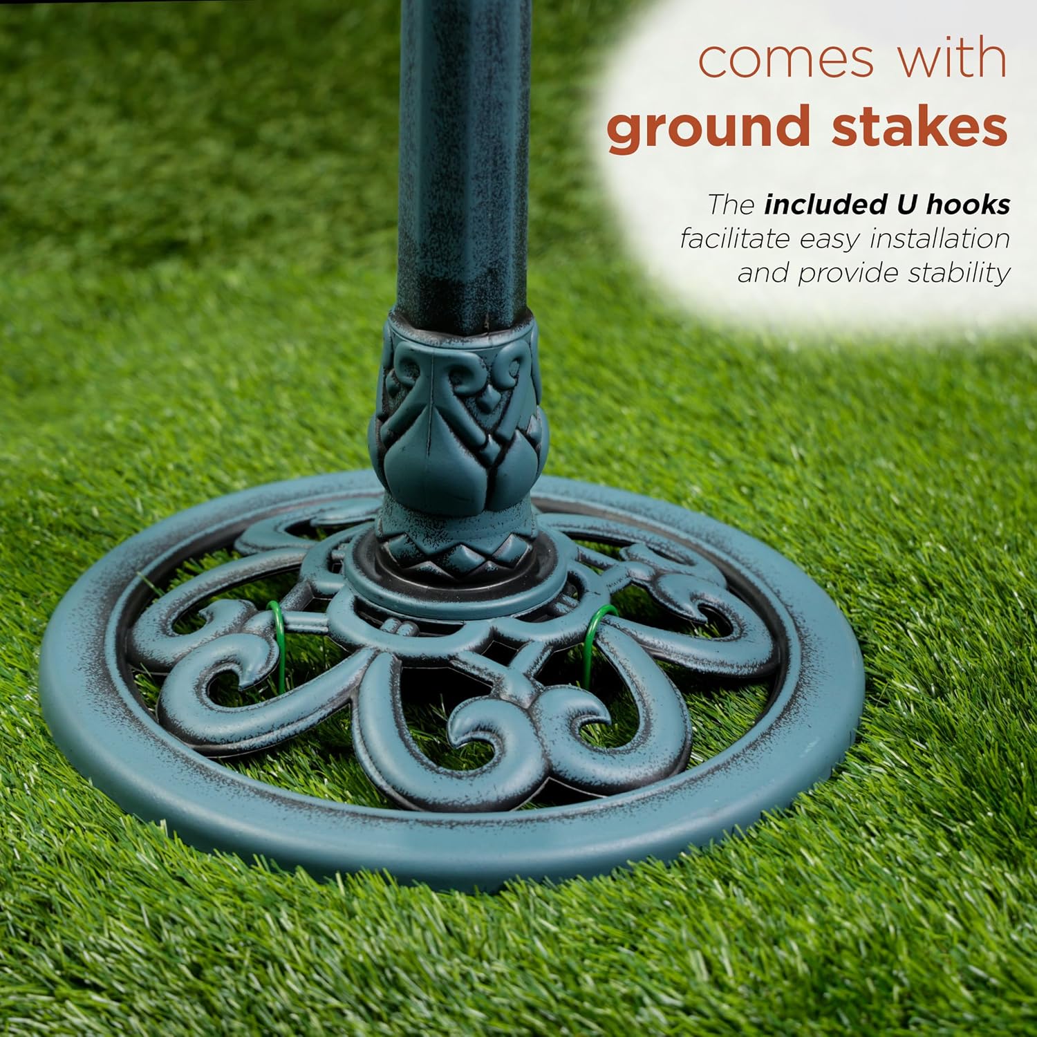 Alpine Corporation TEC116 Outdoor Aged Green Pedestal Birdbath with Scrollwork, 28" Tall, Green
