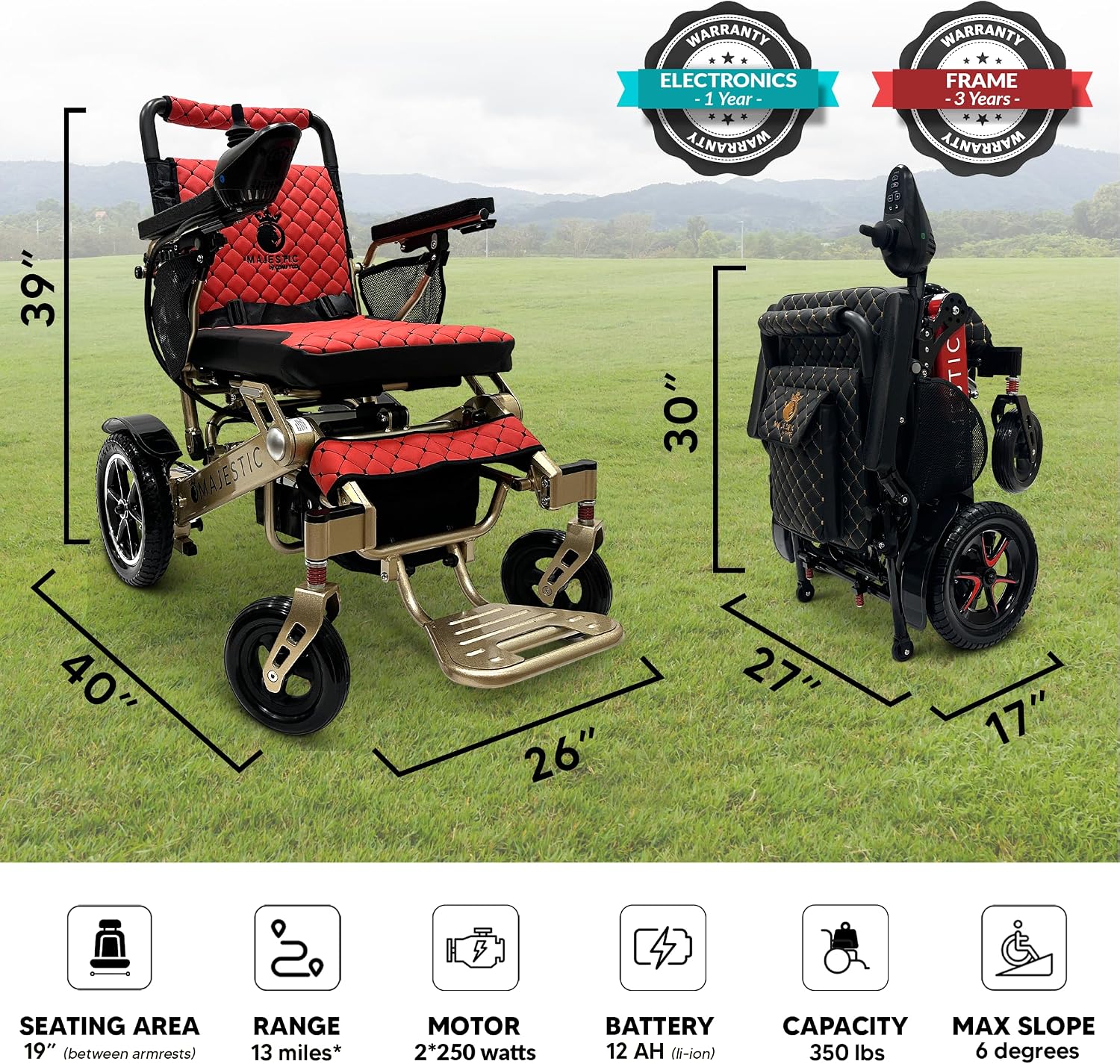 Electric Wheelchairs for Adults, 350 lbs Capacity, Up to 13 Miles Range, Lightweight Wheelchair for Seniors, Remote Controlled Wheel Chair
