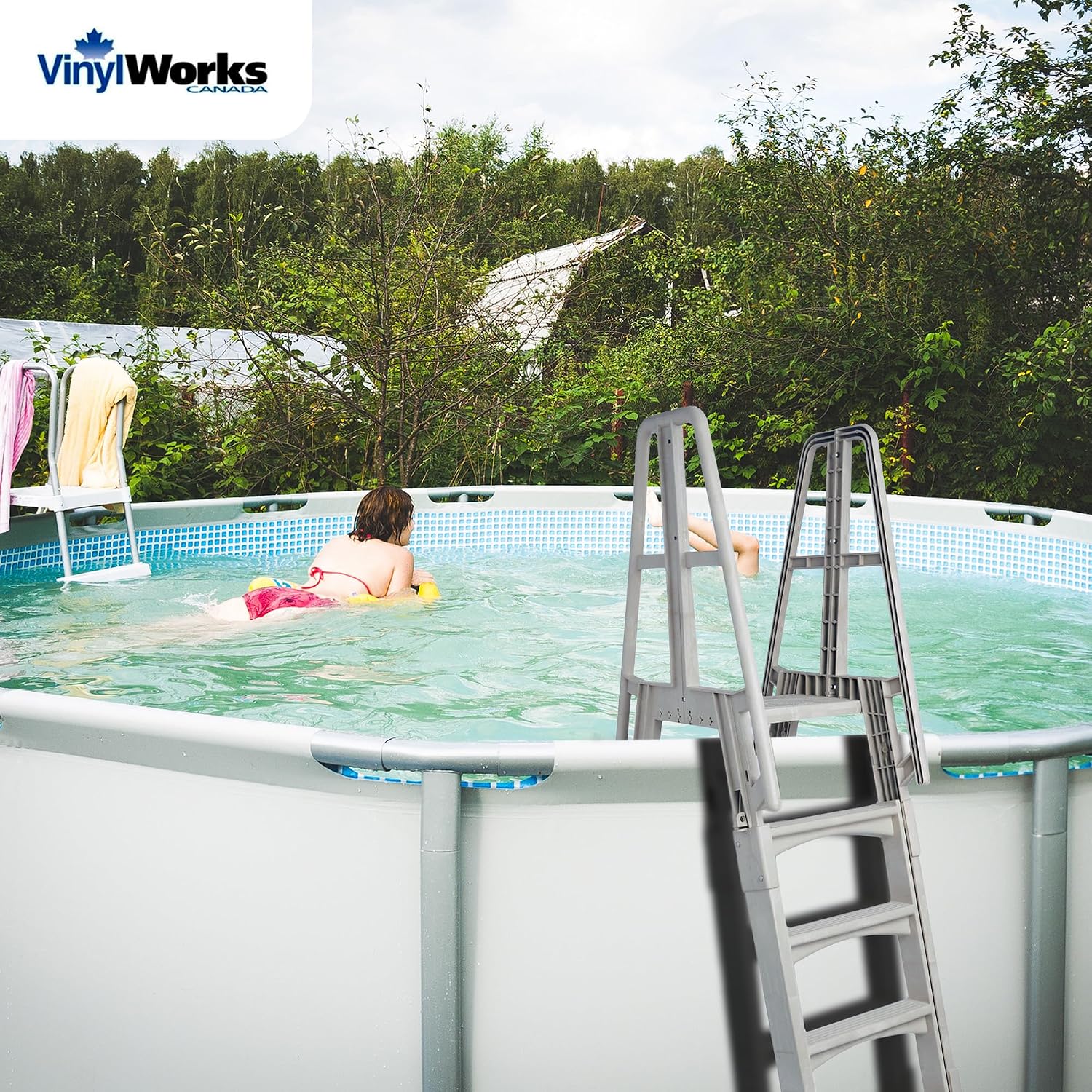 SLA A-Frame 48 to 56 Inch Adjustable Above Ground Swimming Pool Ladder Entry System with Slide Lock Barrier and Handrails, White
