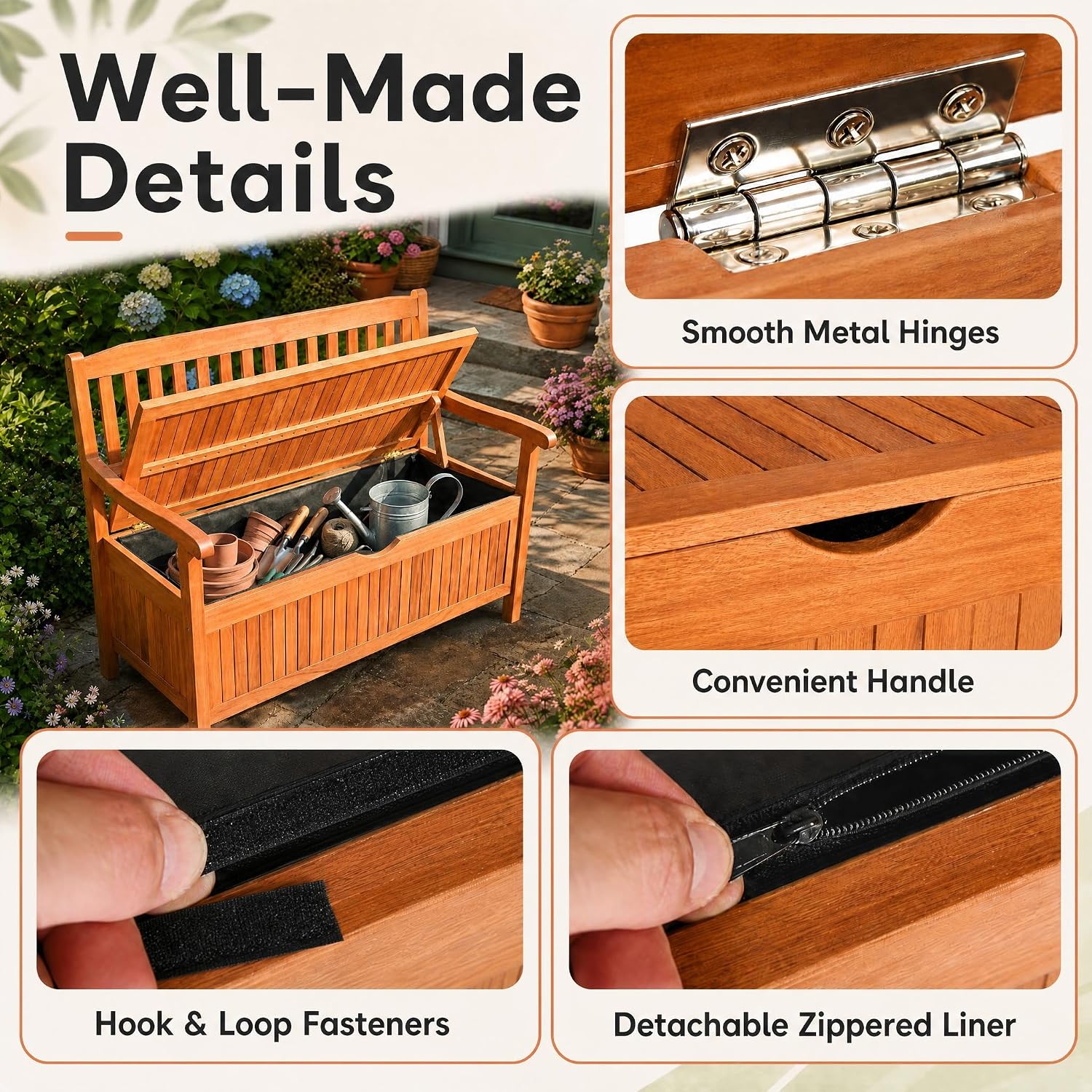Tangkula Outdoor Wood Storage Bench Deck Box, Entryway Porch Storage Bench with Inner Removable Dust-Proof Lining & Portable Handles
