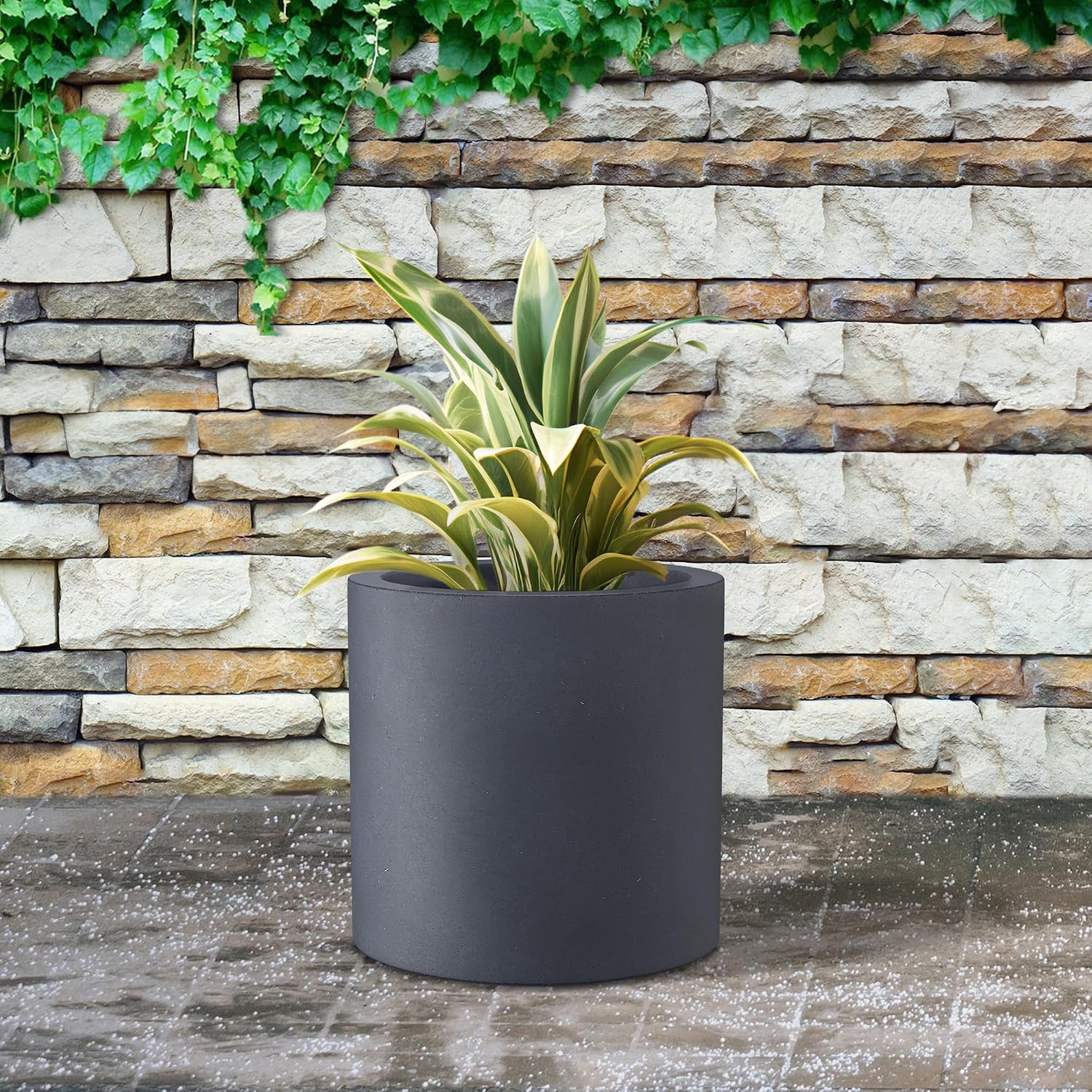 Kante Large Round Cylinder Charcoal Concrete Planter 15.8" Tall, Outdoor