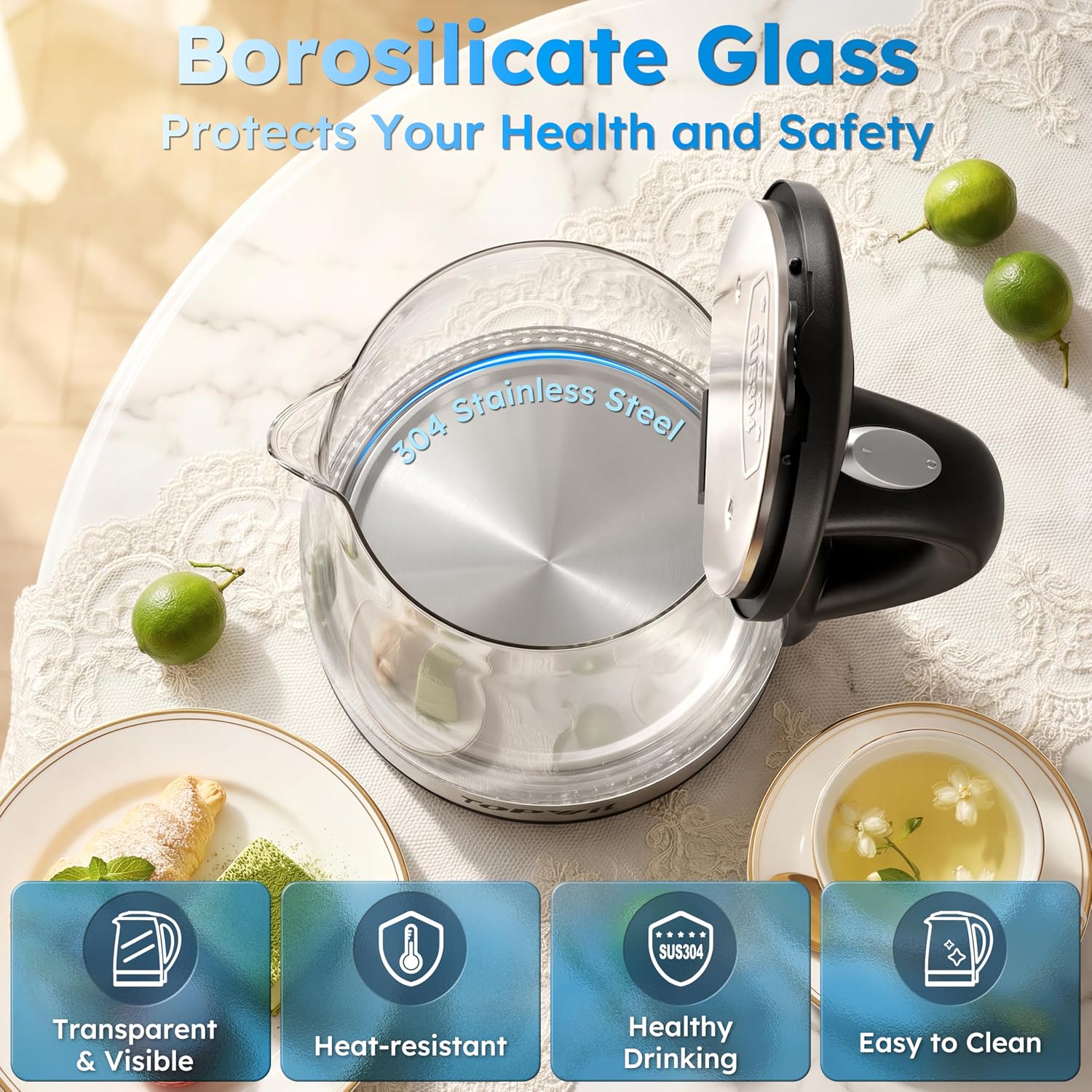 TOPWIT 2.0L Glass Electric Kettle, Hot Water Boiler, BPA-Free