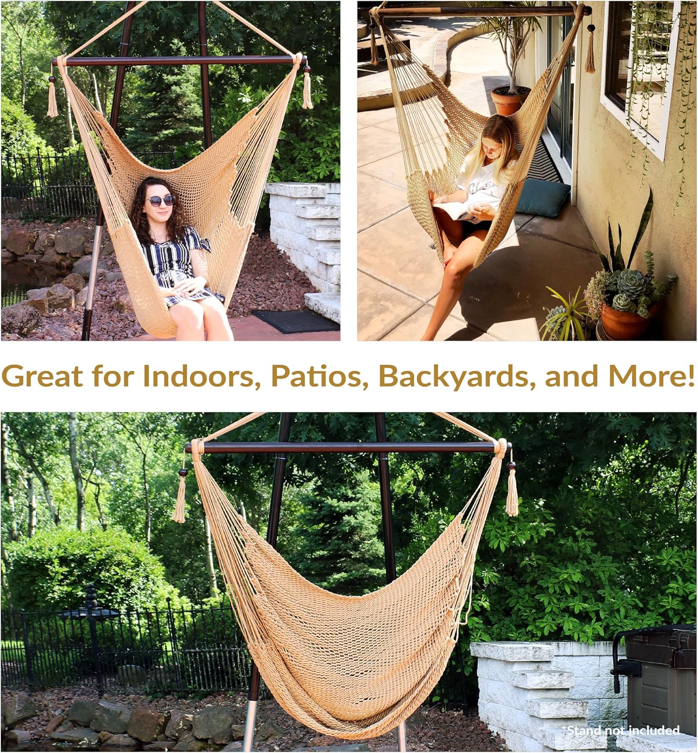 Sunnydaze Hanging Hammock Chair Swing for Patio, Caribbean, Tan | 300 lb Capacity, Wooden Spreader Bar, Woven Polyester, Hang From a Tree, Hammock Chair Stand, or Ceiling, Hammock Swing Chair