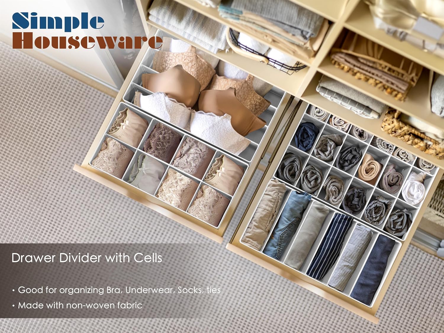 Simple Houseware 4-Pack Drawer Organizer Set for Underwear/Socks/Bra, Gray | Closet Dividers for Underwear, Socks, Bras, Scarves, Ties - Foldable Non-Woven Storage Boxes