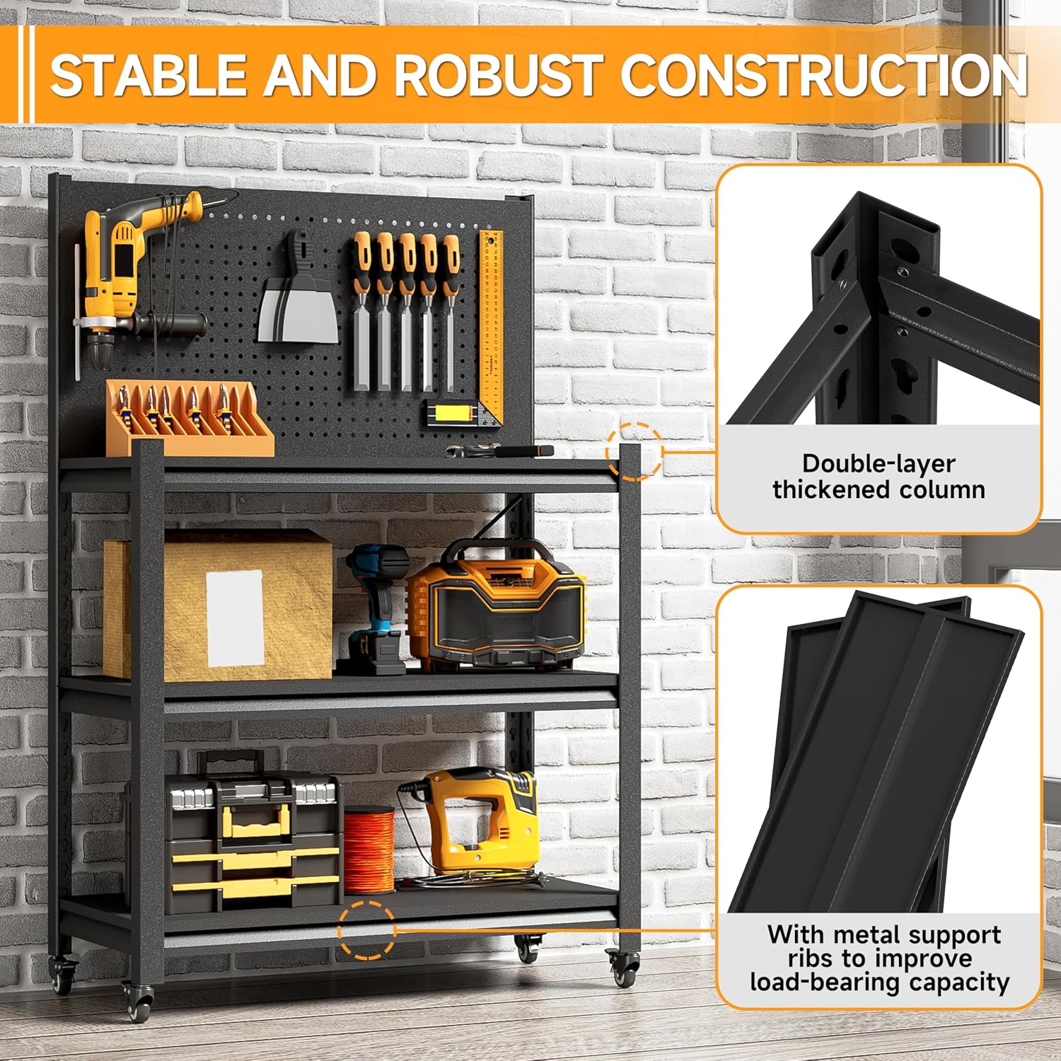 48" H Work Bench with Storage, Garage Work Bench with Pegboard and Wheels | Mobile Workbench, Adjustable Shelves, Large Pegboard, Lockable Wheels