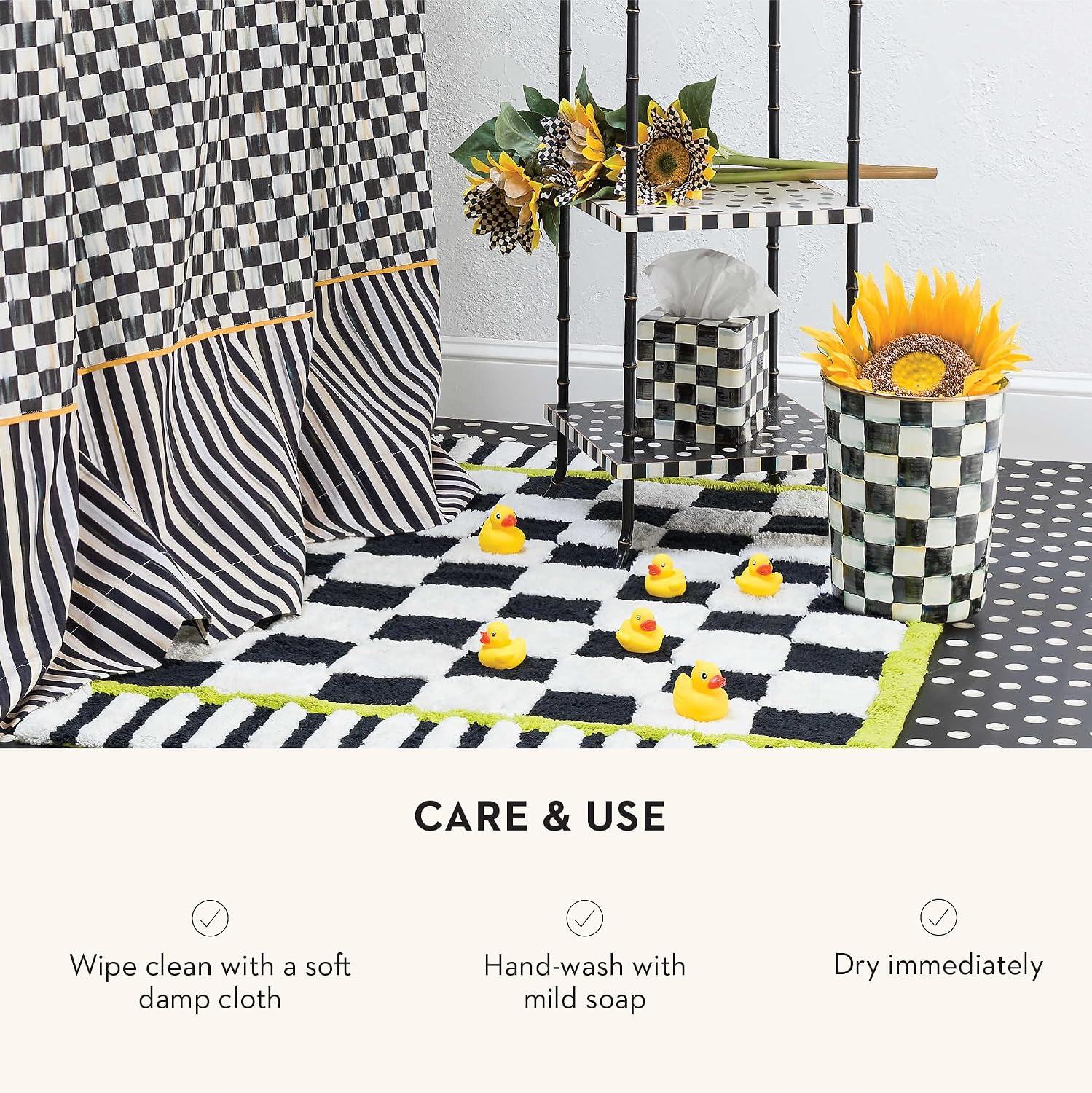 MACKENZIE-CHILDS Waste Bin, Black-and-White Courtly Check | Hand-painted design, made from enameled steel, decorative bedroom or bathroom trash can, 8" dia. x 9.5" H