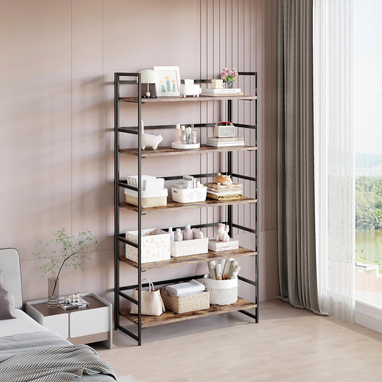 Vintage Multifunctional Folding Bookshelf, No-Assembly Plant Stand Storage Rack Shelves for Home Office (Fire, 5-Tier)