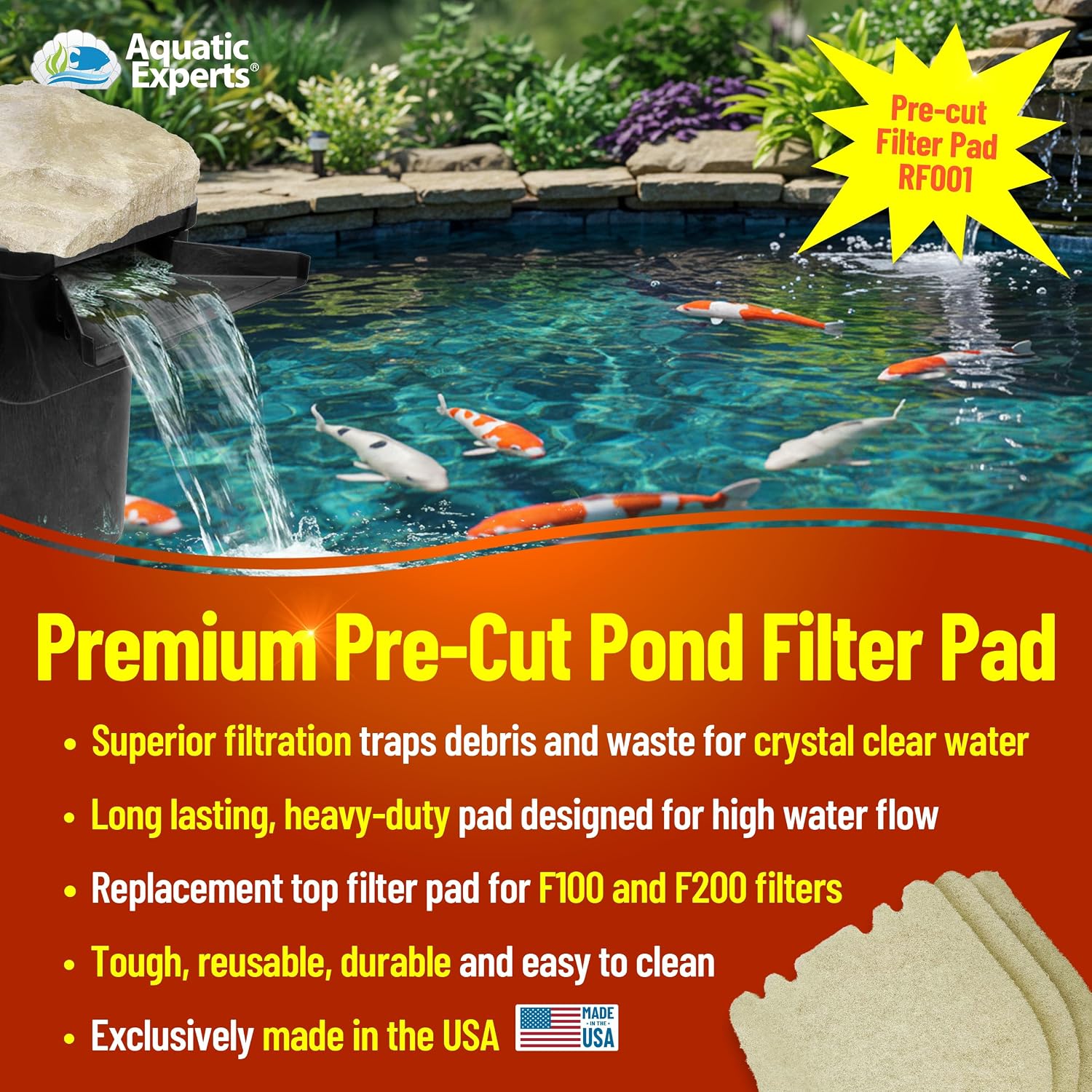Aquatic Experts Cream COARSE Pond Filter Pad - 2 inch Thick - Bulk Roll Water Garden Filter Pond Media - Made in USA, (12" x 36")