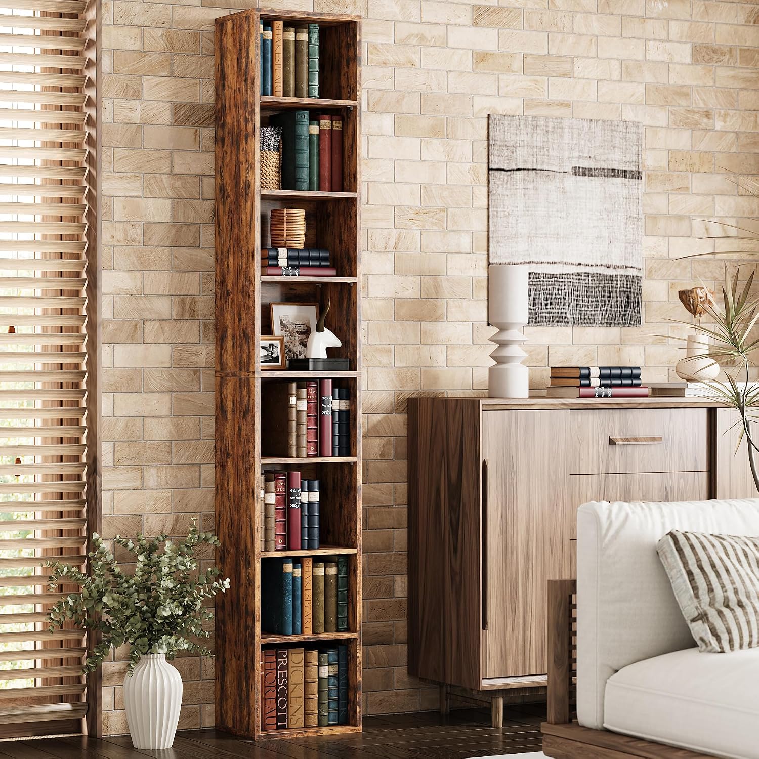 IRONCK Tall Narrow Bookshelf 8 Tiers, Compact Corner Bookcase, Floor Standing Display Storage Shelves 71 in Tall, Easy to Match for Living Room, Office, Study, Bedroom