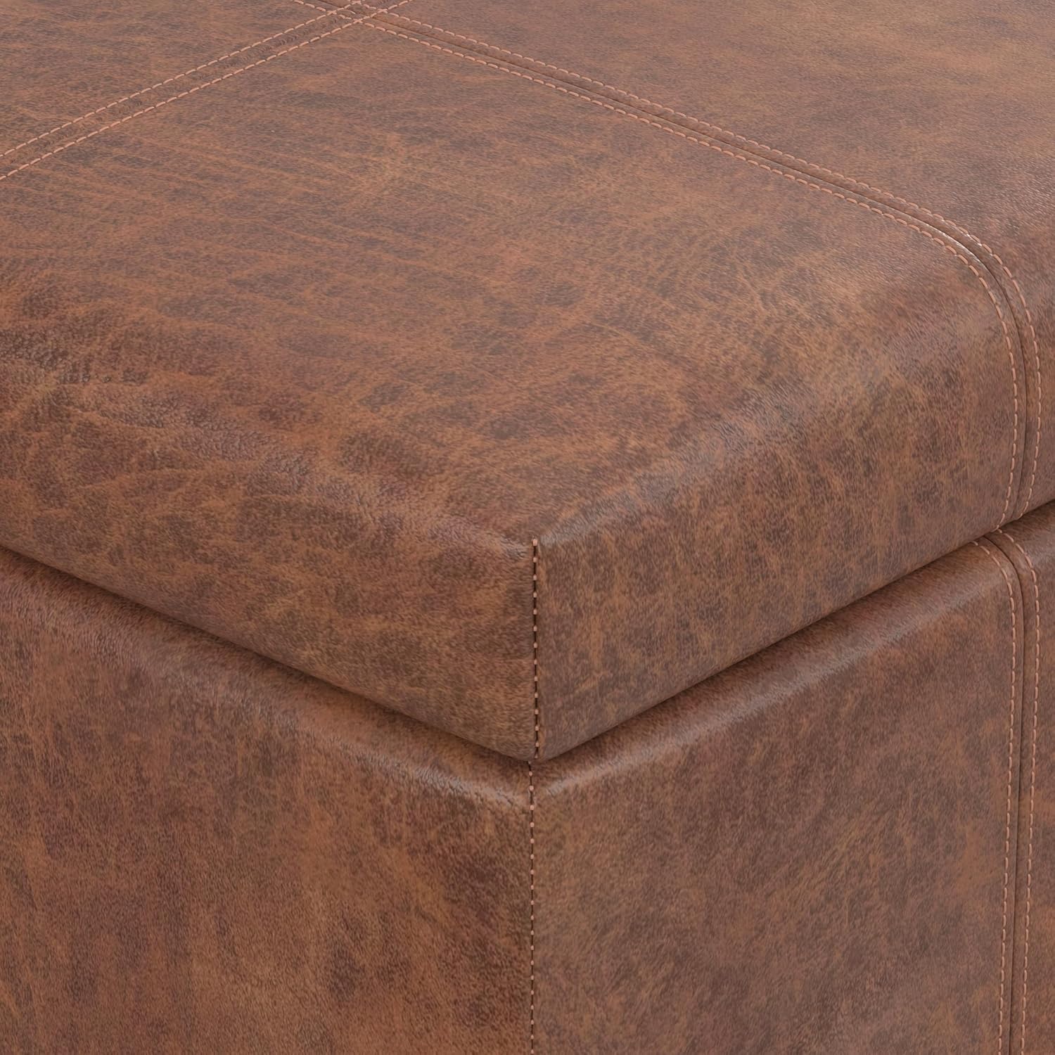 SIMPLIHOME Dover 36" Wide Vegan Leather Storage Ottoman in Midnight Black | Distressed umber brown, contemporary ottoman with lift-top and safety hinges; rectangle storage bench for living room.