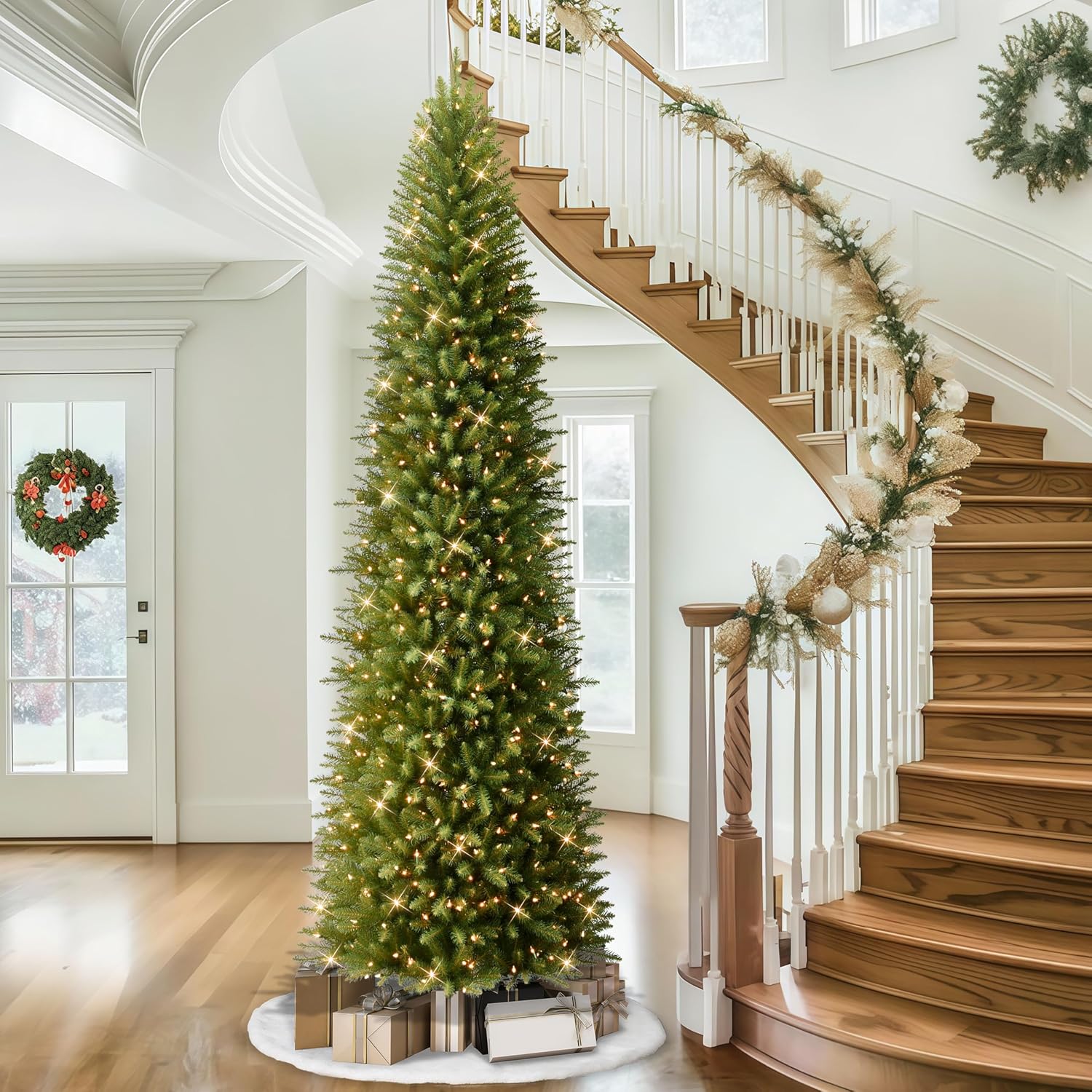 Puleo International 7.5ft Pre-Lit Fraser Fir Pencil Christmas Tree with 350 Clear Lights, 1188 Realistic Dense Branch Tips, Easy Setup Artificial Trees with Sturdy Metal Stand