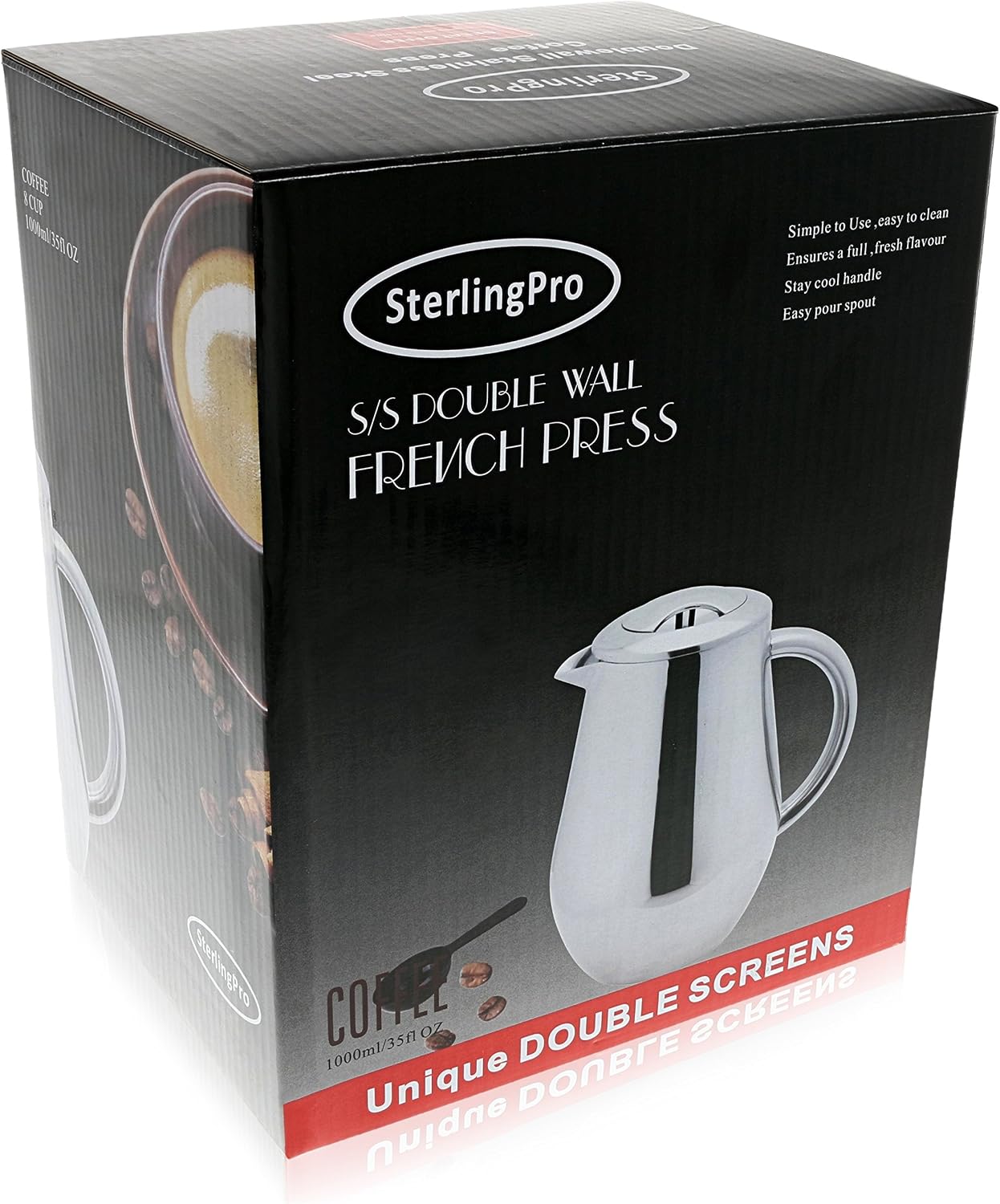 SterlingPro Large Insulated Stainless Steel French Press Coffee Maker 51oz Capacity (44 oz Brew Yield) – Double Wall Metal Coffee Press | Plastic Free | Cool-Touch | Mirror Finish | 12 Cups / 6 Mugs