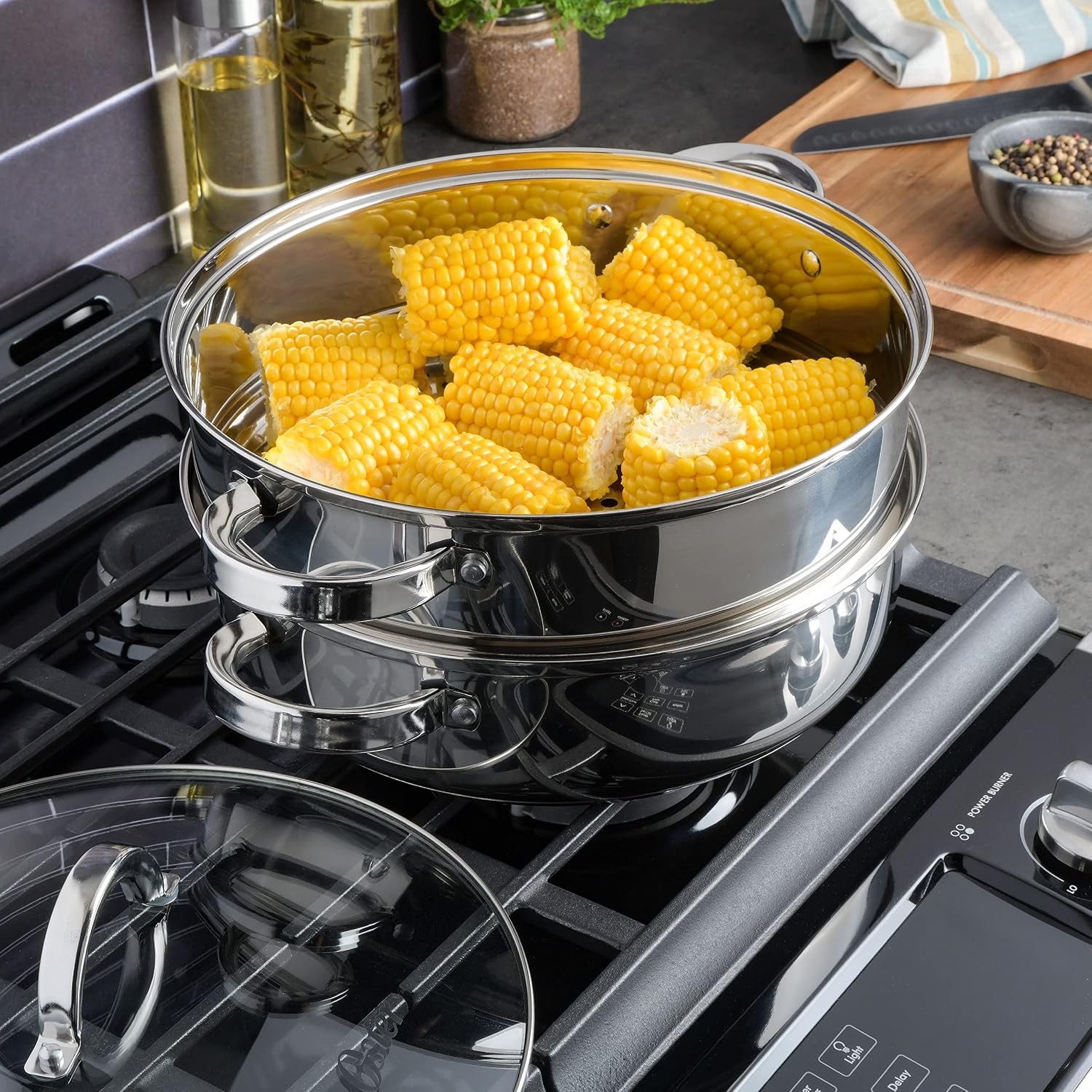 Oster Dutch Oven with Steamer Basket 3-Quart - Sangerfield Stainless Steel, Stovetop Steamer for Vegetables, Rice & Tamales, Dishwasher Safe