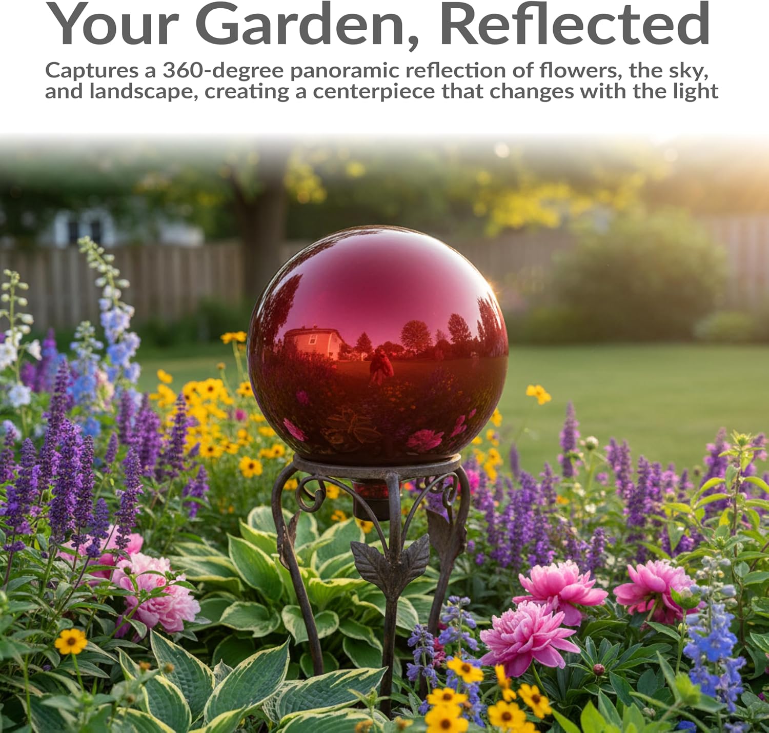 Sunnydaze 10-Inch Handblown Mirrored Glass Gazing Ball, Red | Reflective Outdoor Garden Globe Sphere, for Yard, Patio, Flower Bed, Walkway, and Landscape Decor, Stainless Steel Finish