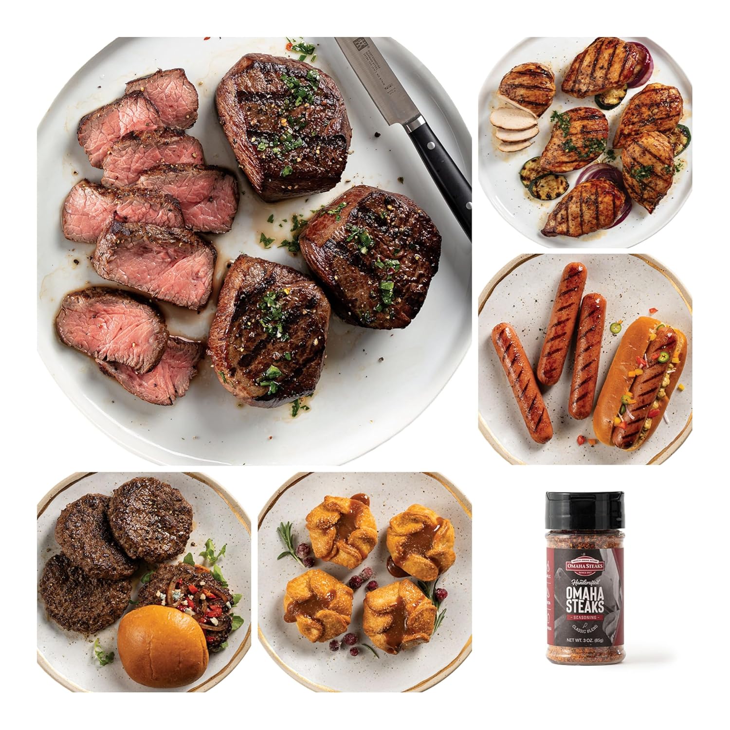 Omaha Steaks Freezer Filler Grilling Gift, 25 Items | 4 top sirloin filets, 4 chicken breasts, 8 classic burgers, 4 jumbo franks, 4 tartlets