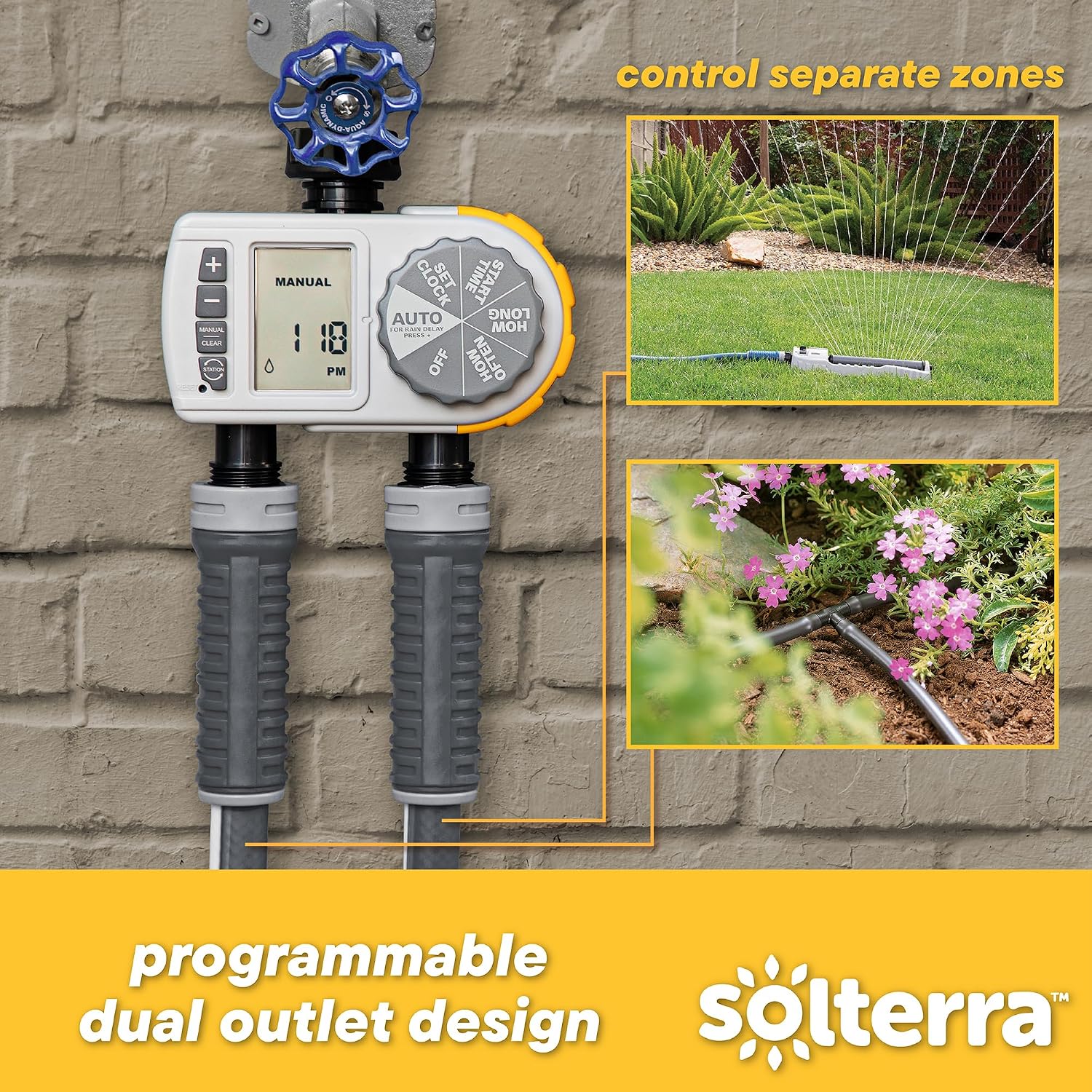 Solterra 28153 Single-Dial Two-Outlet Hose Timer, Gray