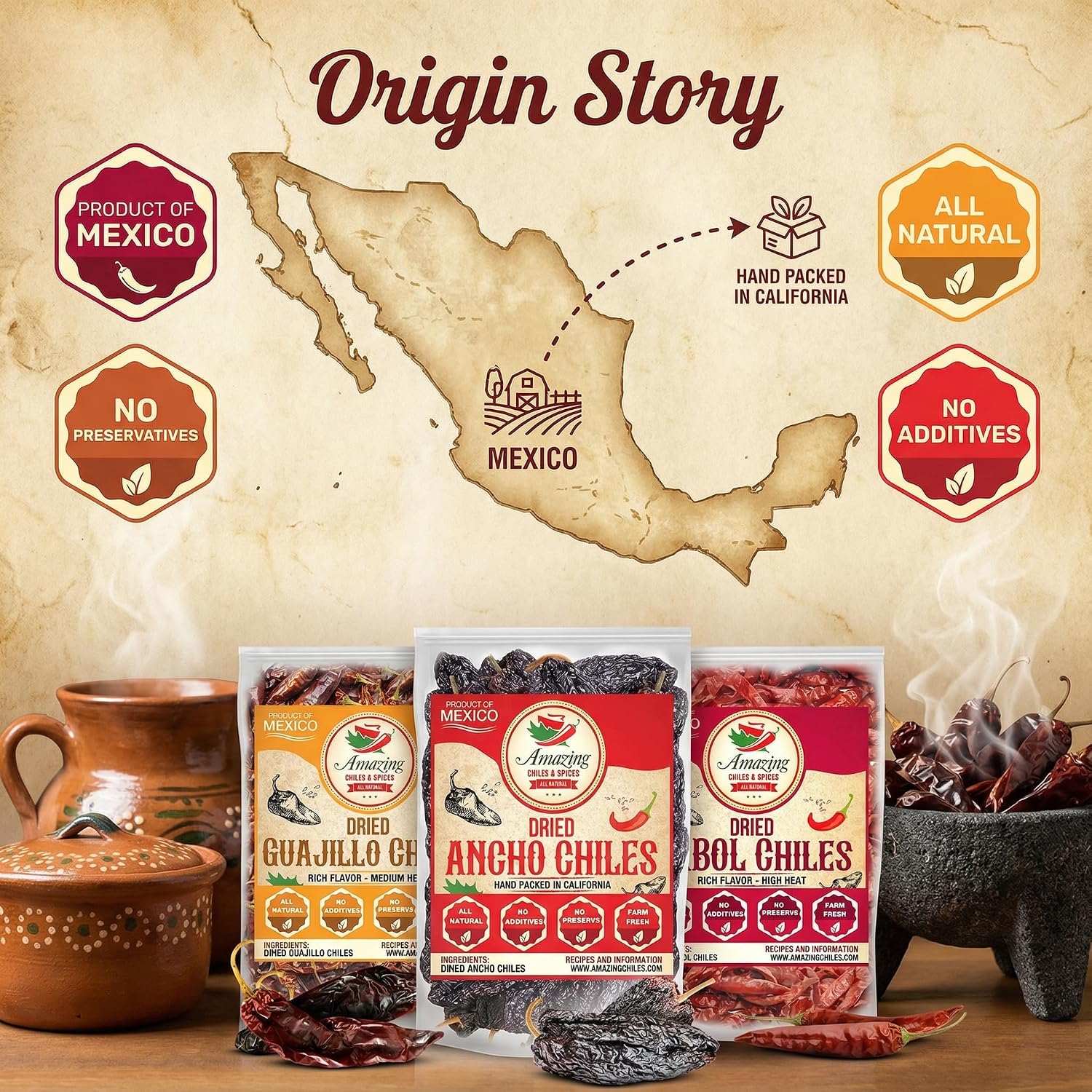 Dried Chile Peppers Variety Pack 3x4oz Ancho Arbol Guajillo Mexican Chili