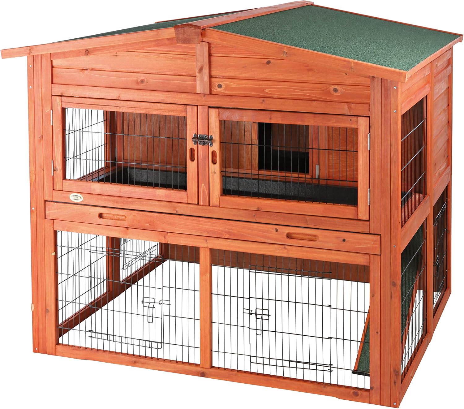 TRIXIE natura Outdoor Rabbit Hutch with Run - 2-Story Rabbit Cage with Non-Slip Ramp - Medium Elevated Small Animal House with Secure Playpen, Hinged Roof & Pull-Out Tray - in Brown