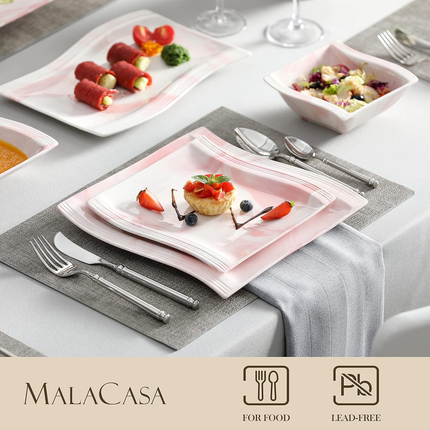 MALACASA Plates and Bowls Sets, 26 Pieces Ivory White Porcelain Dinnerware Sets without Mugs, Square Dinnerware with Dinner Plates, Bowls and Serving Platters, Modern Dish Set for 6, Series Flora