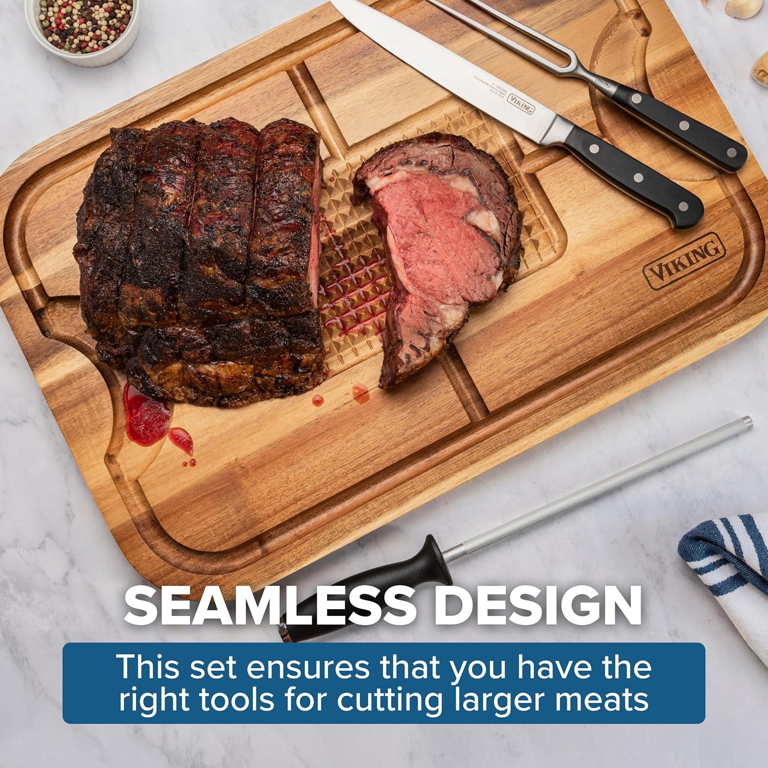Viking Cutting Board, Acacia Wood Kitchen Butcher Block Carving Board with Juice Groove and Metal Handles, 23 x 14 x 1 Inch