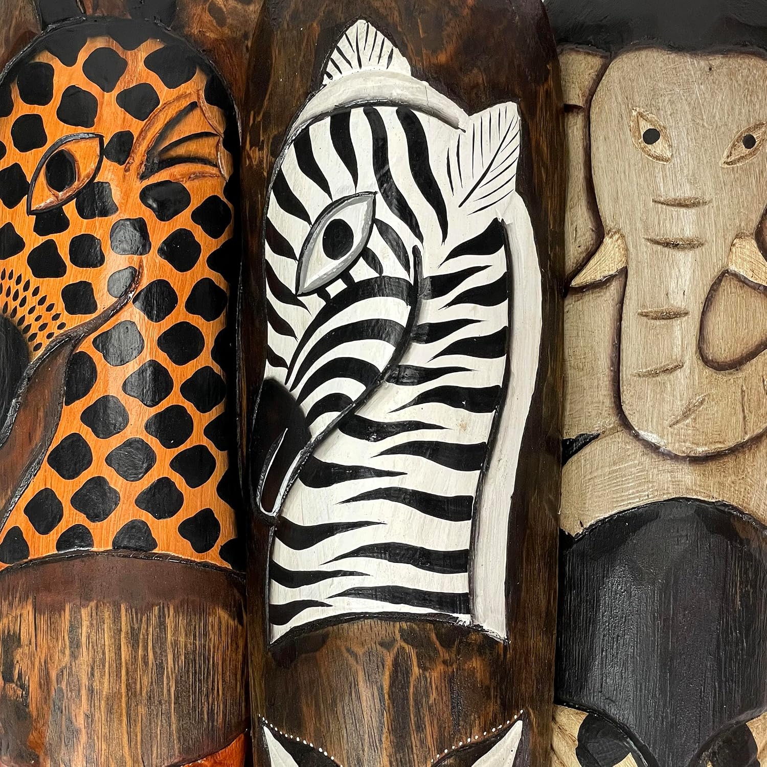 Set Of 3 African Wildlife Wooden Wall Masks | 19 In. Tall by 5 In. Wide, 2 In. Deep, Hand-Painted, Handcarved by Artisans, Fair Trade Item