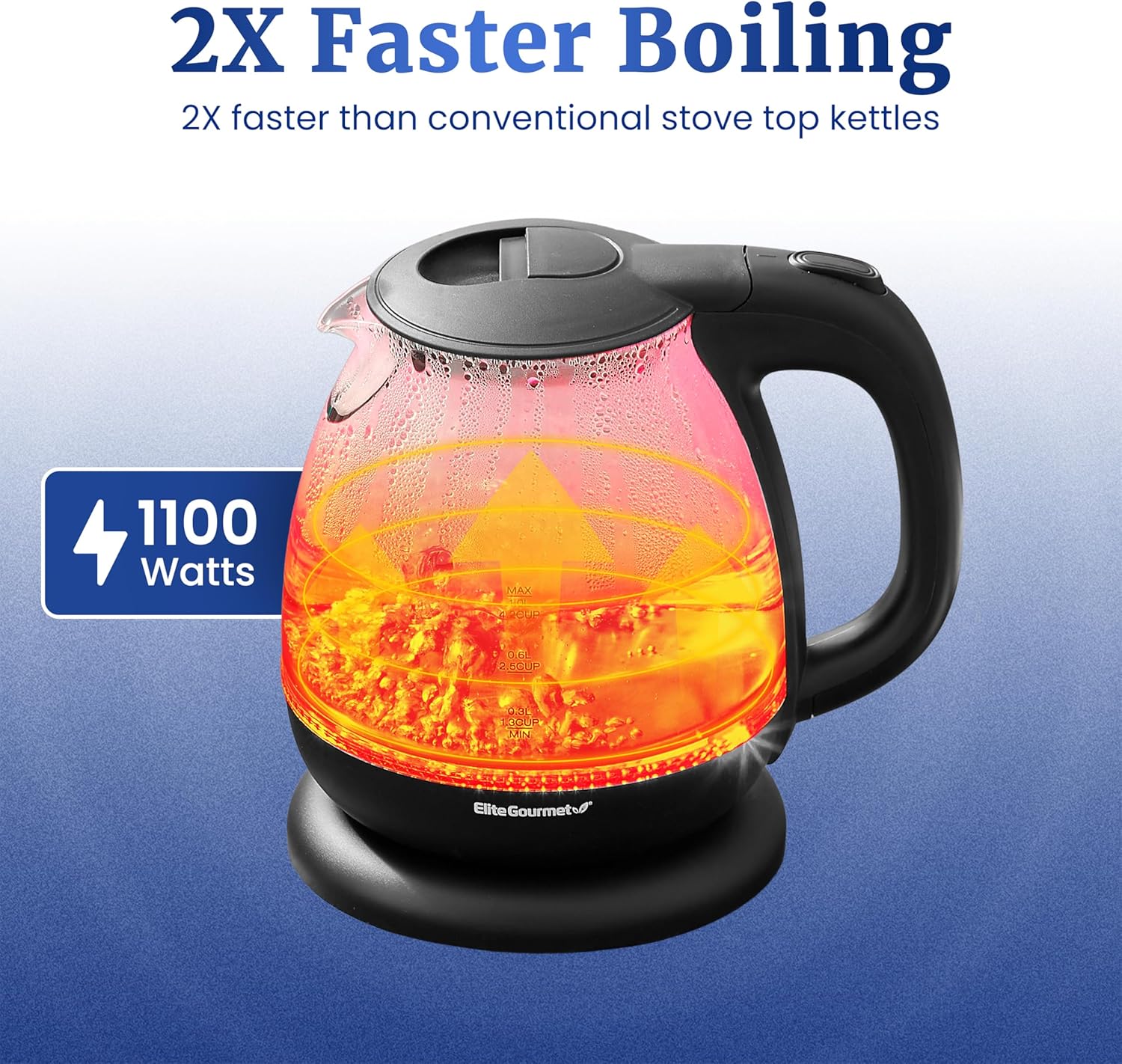 Elite Gourmet EKT1001 1.0L Glass Kettle, 1100W, Cordless Base, Black