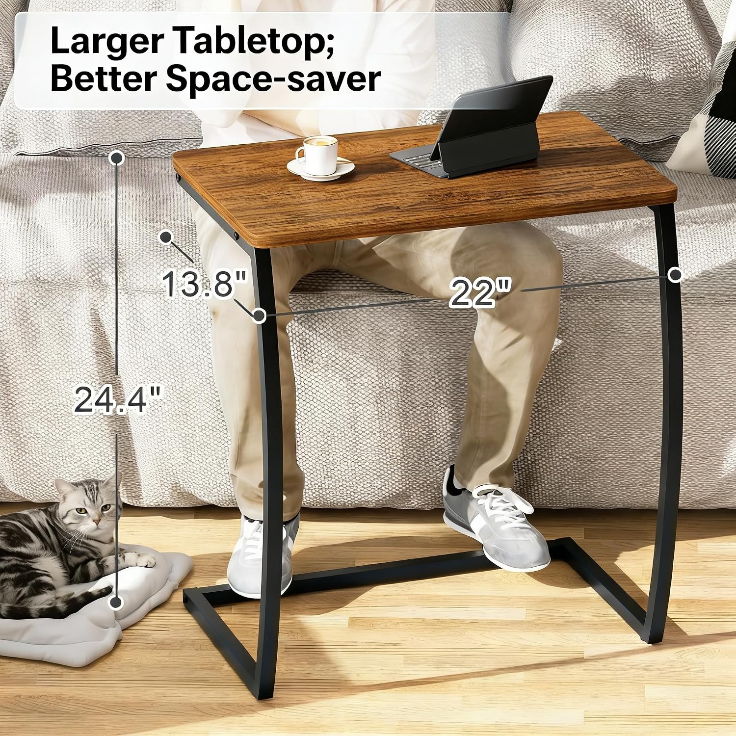 SRIWATANA Walnut C Shaped Side Table, Vintage End Table for Sofa Couch Bed