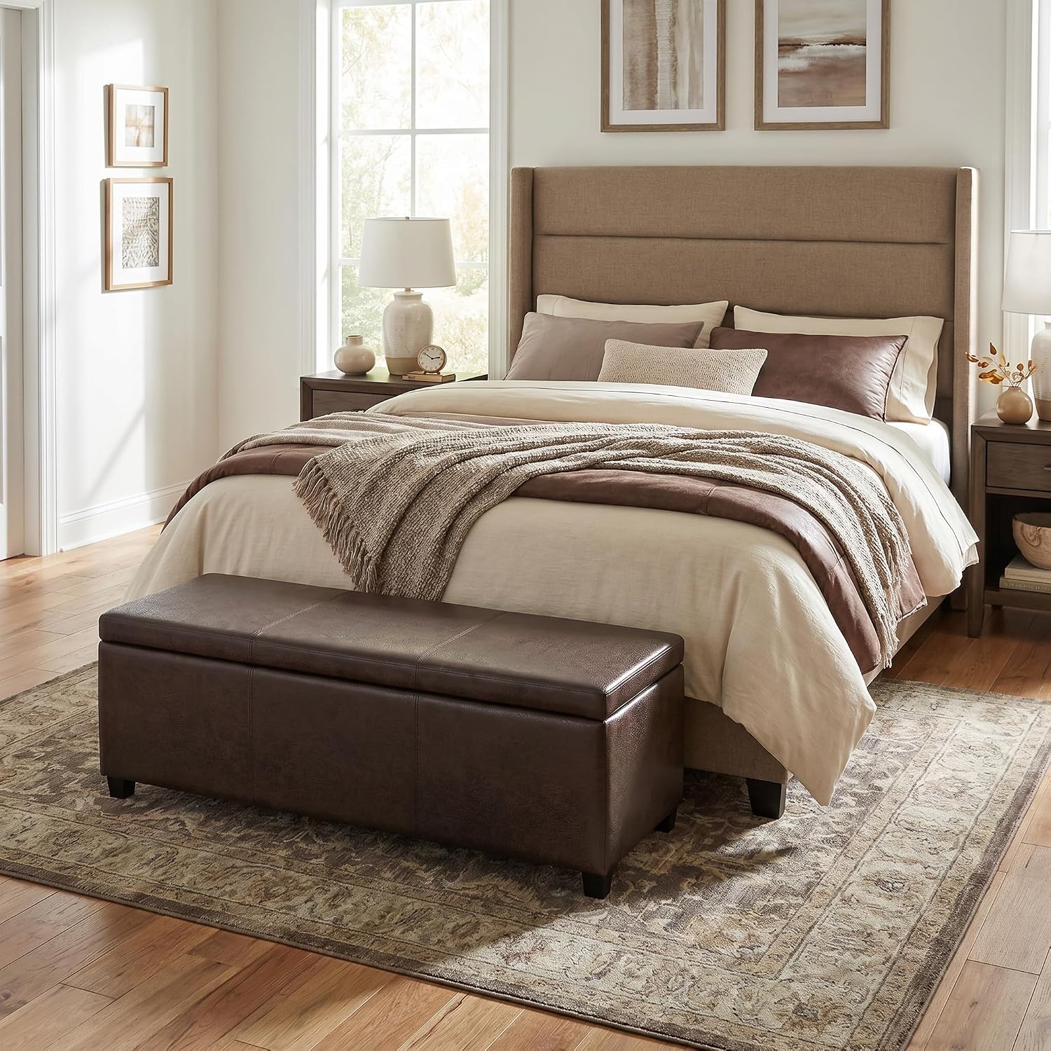 SIMPLIHOME Avalon 48" Wide Vegan Leather Storage Ottoman in Brown