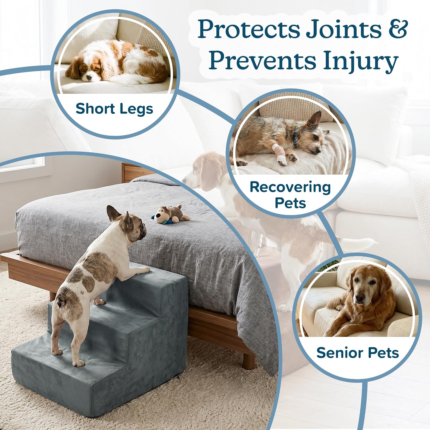 3-Step Pet Stairs - Nonslip Foam Dog and Cat Steps with Removable Zippered Microfiber Cover - 2-Tone Design for Home or Vehicle Use by PETMAKER (Tan) | 3-Step Pet Steps for High Bed and Couch - Pet Stairs with Nonslip Bottom, High-Density Foam, and Remov…