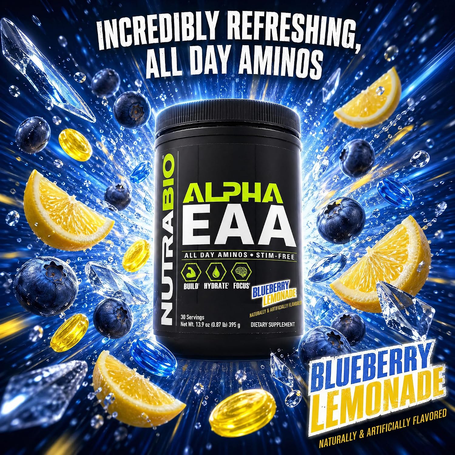 NutraBio Alpha EAA - All-Day Amino Acids for Muscle Growth and Hydration - Essential Amino Acids with Nootropics & Adaptogens- Full Spectrum EAA BCAA Powder - 30 Servings - Strawberry Lemon