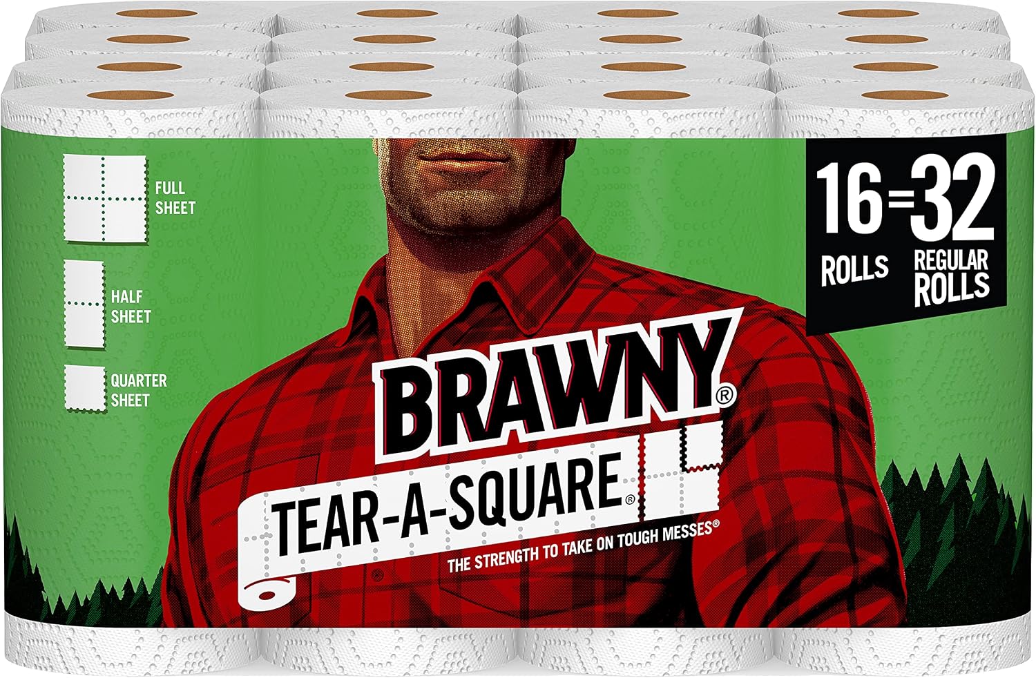 Brawny Tear-A-Square Paper Towels, 16 Double Rolls = 32 Regular Rolls, 3 Sheet Size Options, Quarter Size Sheets