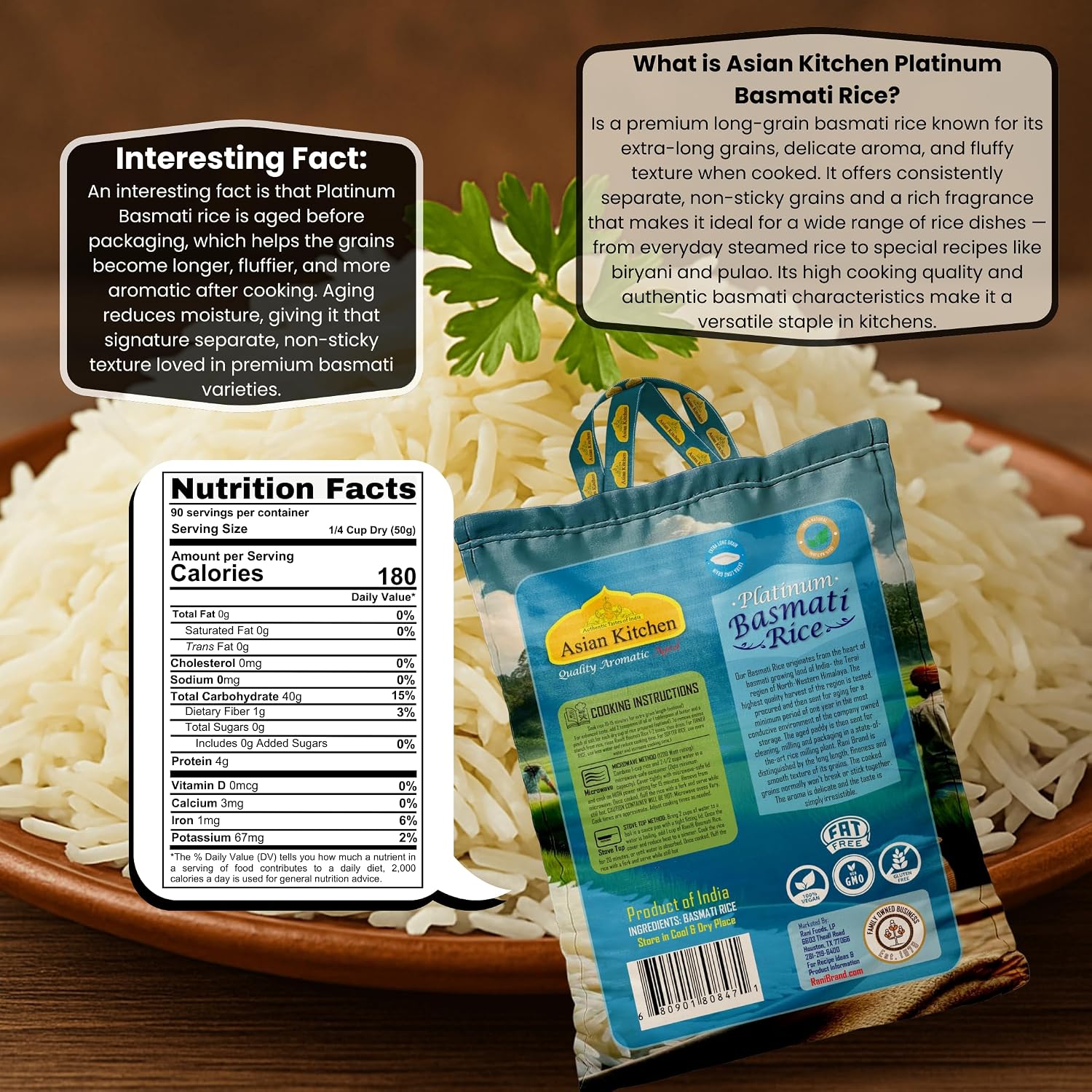 Asian Kitchen Platinum White Basmati Rice Extra Long Aged 20lbs (9.08kg) ~ All Natural | Gluten Friendly | Vegan | Indian Origin | Export Quality