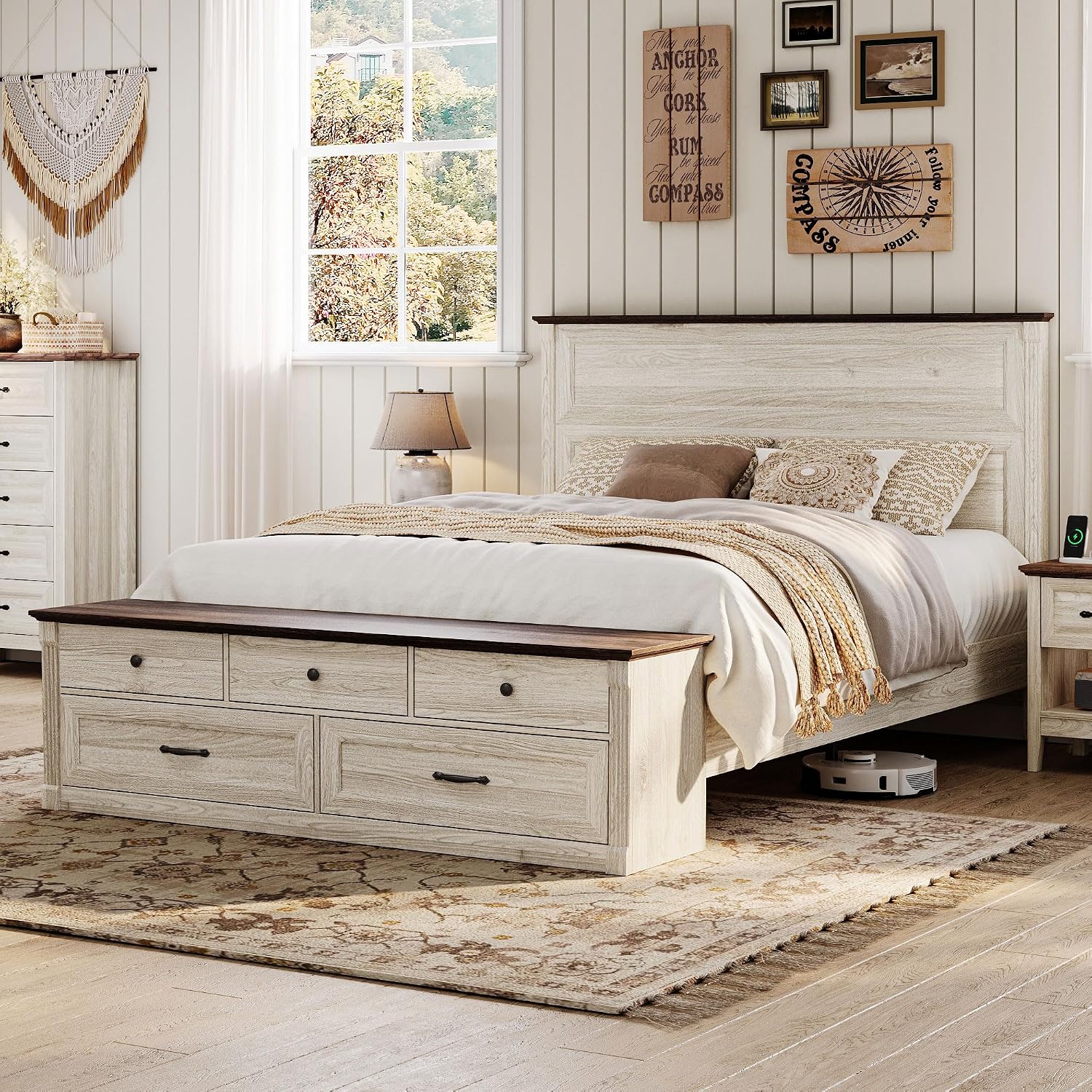 LINSY Storage Bed Frame Queen Bedframe with Drawers, Farmhouse Bed Frame Queen-Size with Headboard and Footboard Bench