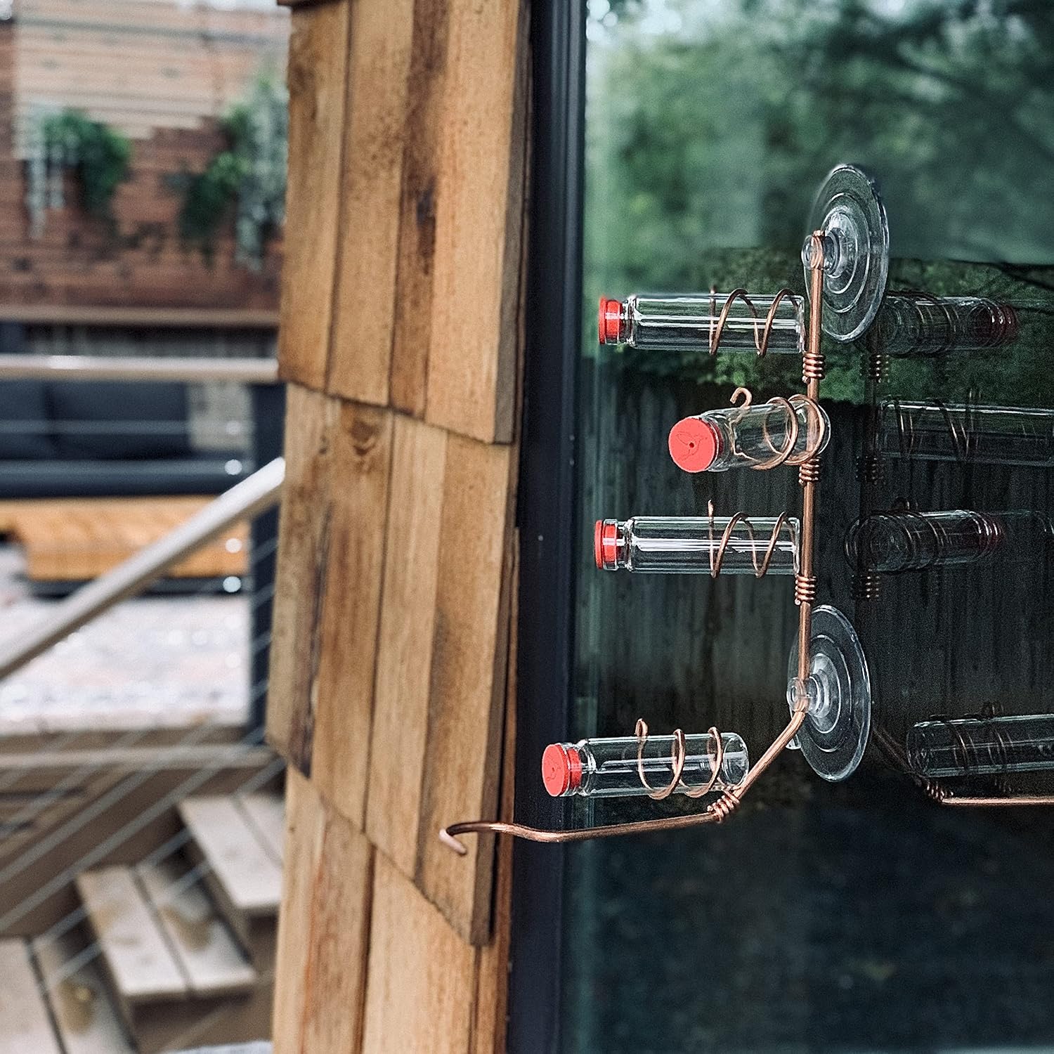 Window Hummingbird Feeder | Handcrafted Copper and Aluminum | Multiple Stations | Modern Hummingbird Feeder | Glass Bottles | Suction Cups (Copper, Four Station)
