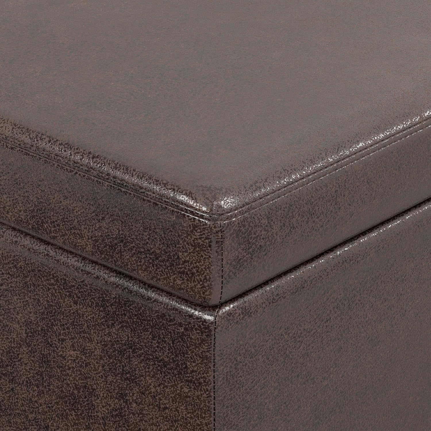 SIMPLIHOME Avalon 54" Wide Vegan Leather Storage Ottoman in Tanners Brown